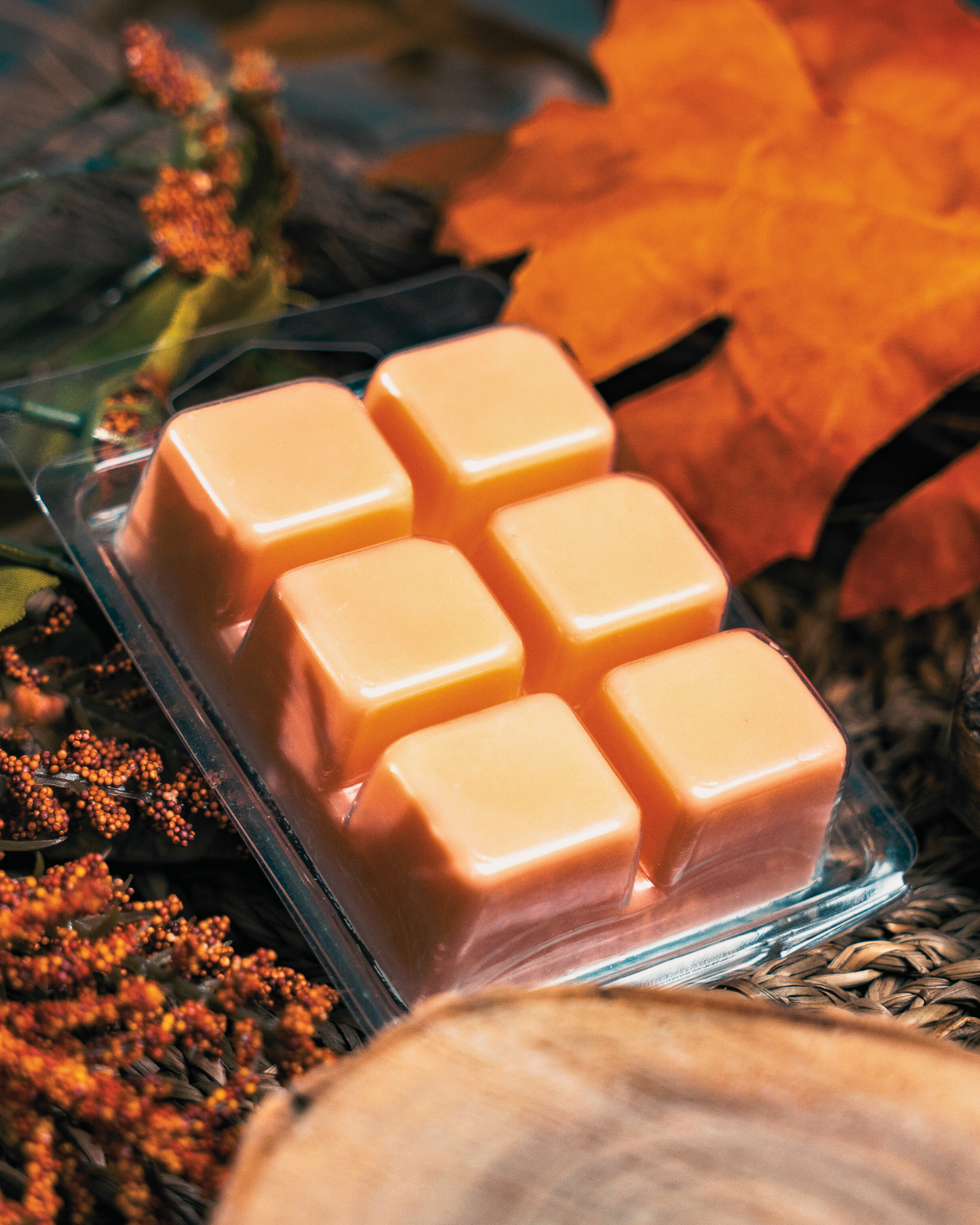 Autumn Harvest soy wax melts by Farmhouse Charm Candles in a clear container with autumn background