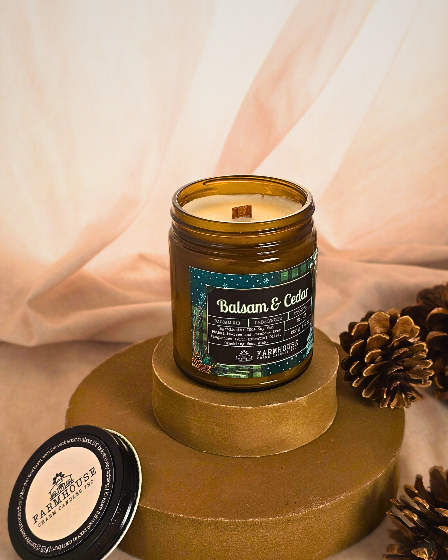 Farmhouse Charm Candles Balsam & Cedar candle with cozy winter aesthetic