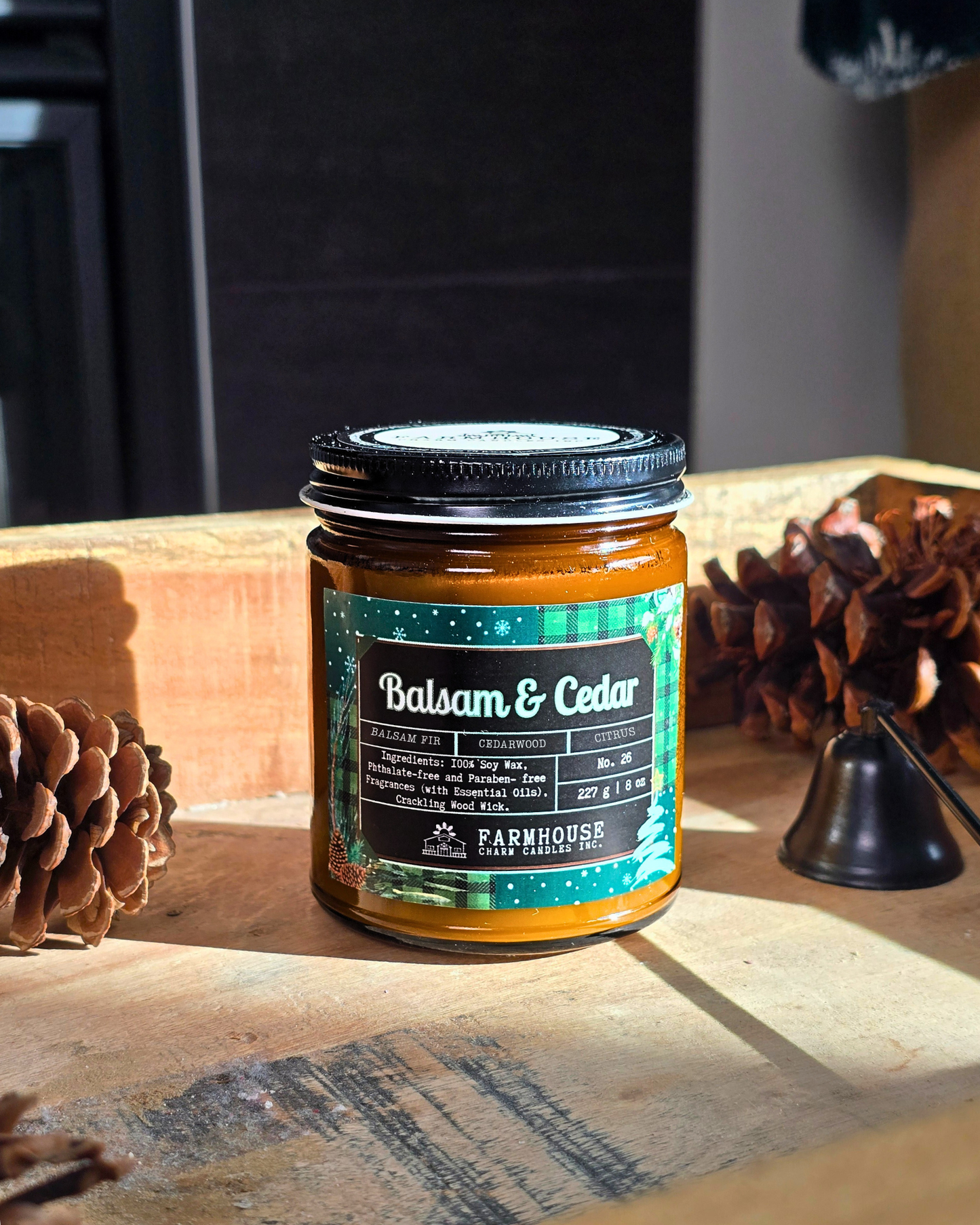 Farmhouse Charm Candles Balsam & Cedar candle with cozy winter aesthetic