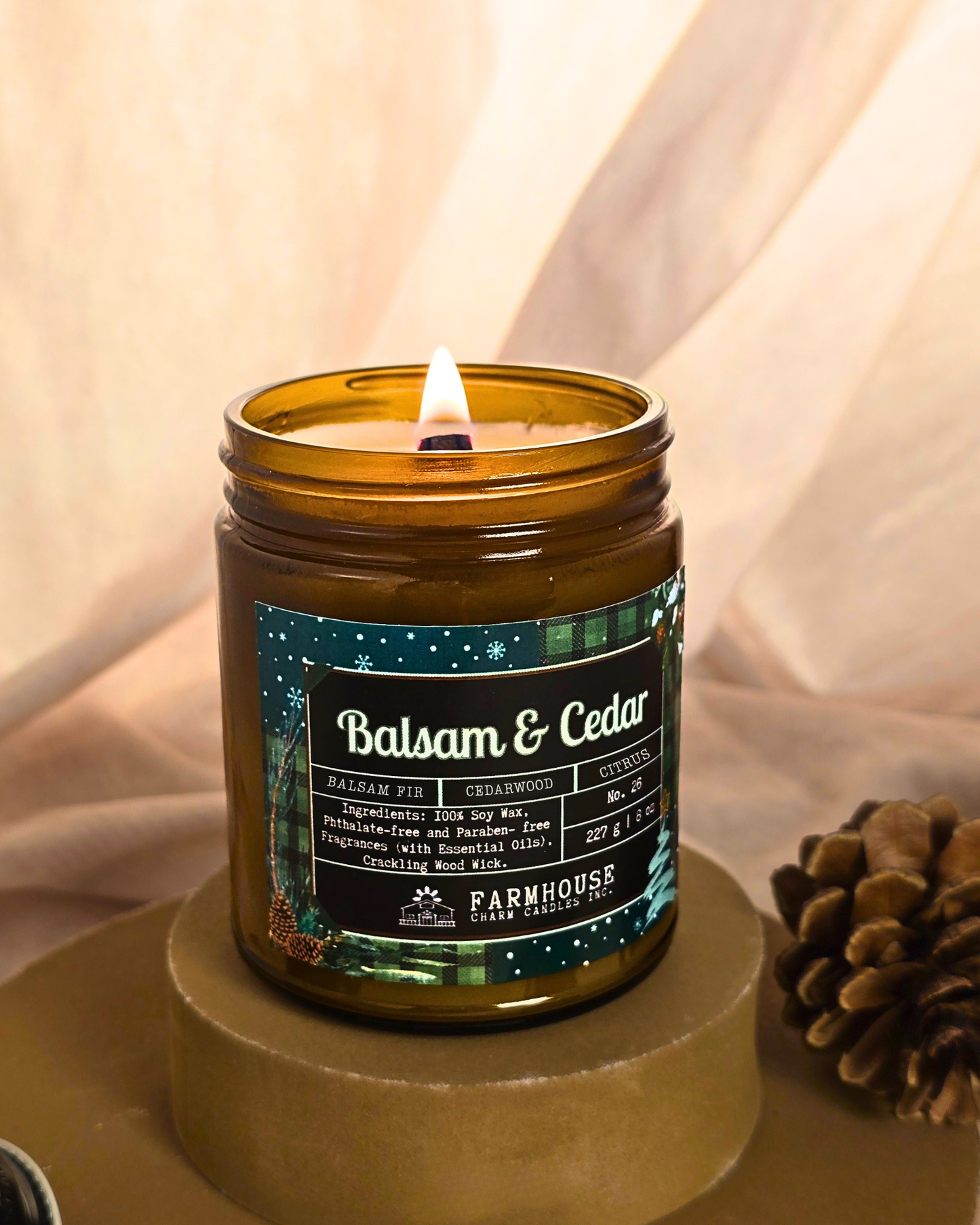 Farmhouse Charm Candles Balsam & Cedar candle with cozy winter aesthetic