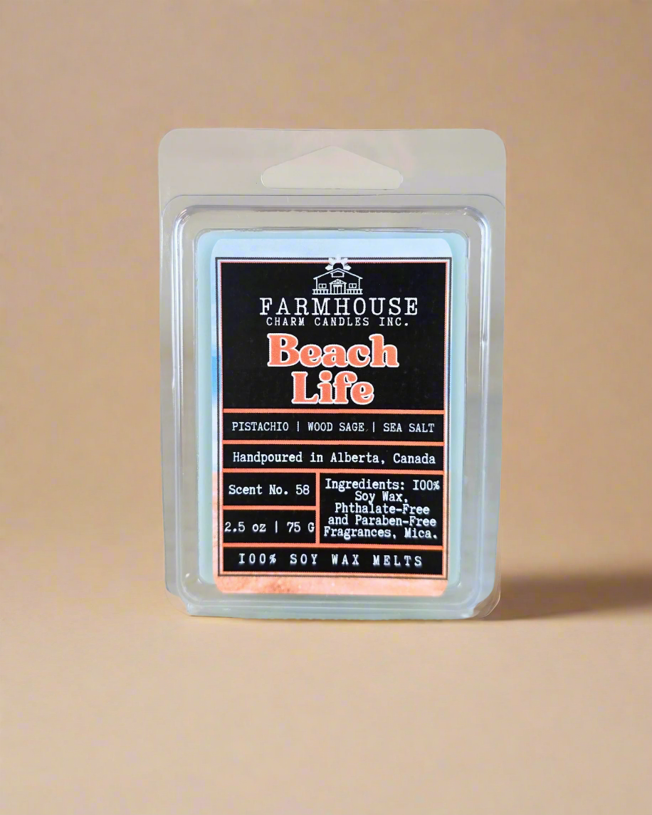 Soak up the sunshine with Beach Life—an irresistible blend of warm pistachio, cozy wood sage, and a hint of sea salt. It’s like a sun-drenched beach day, perfectly melted into every cube. Beach Life Soy Wax melts Farmhouse Charm Candles