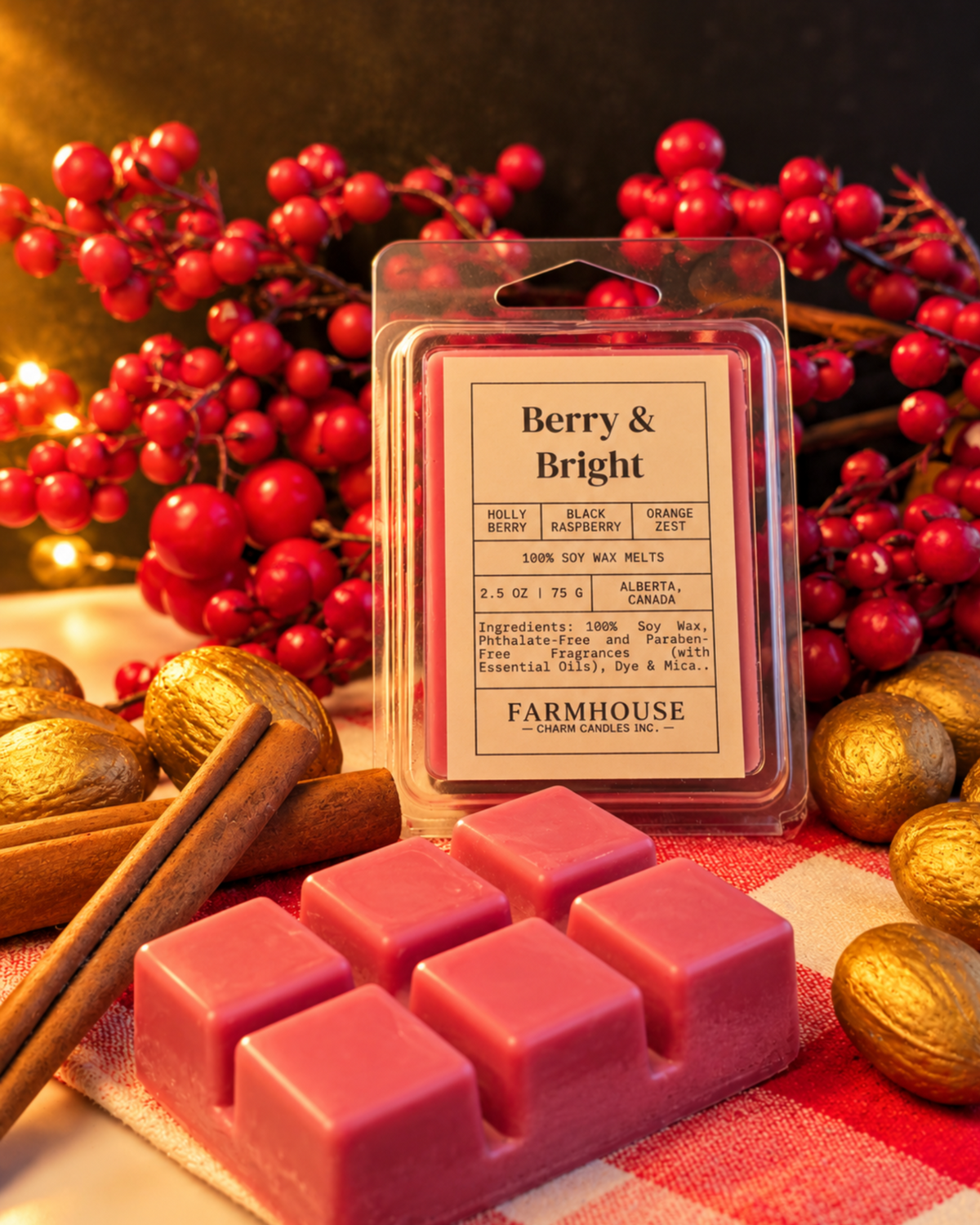 A package of Farmhouse Charm Candles wax melts labeled 'Berry & Bright' displayed with several pink/red wax cubes in front, surrounded by red berries, cinnamon sticks, and gold pinecones on a rustic surface.