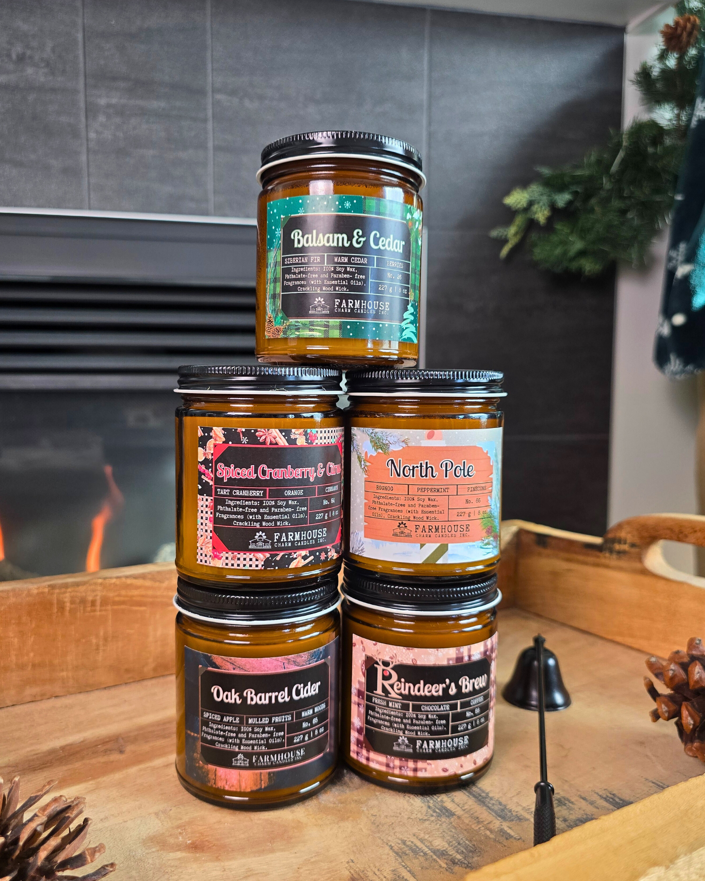 Farmhouse Charm Candles Christmas Candle Gift Bundle — five soy candles packaged together as a festive holiday gift set.