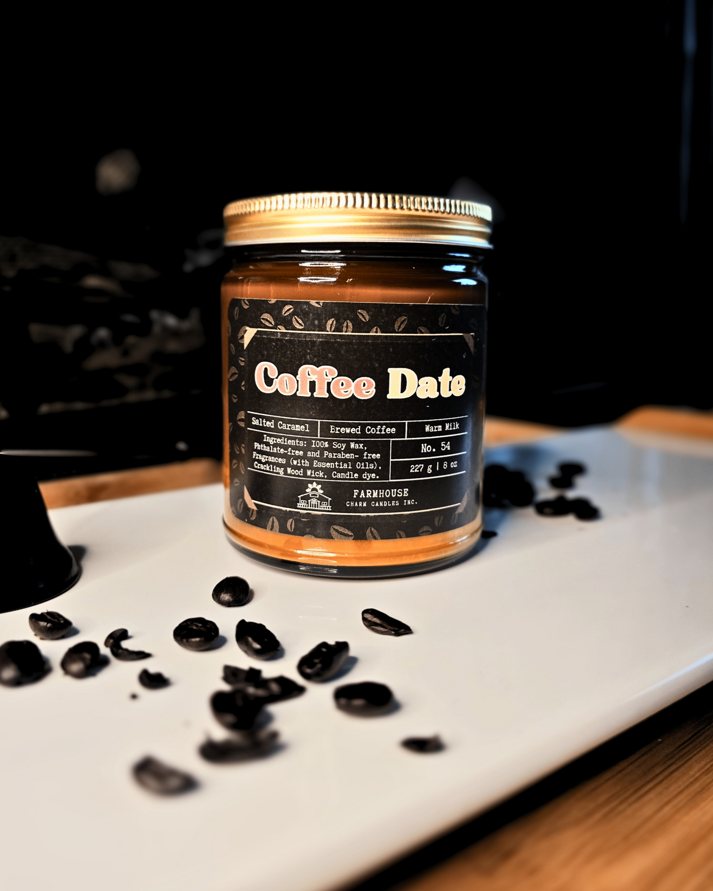 Your perfect coffee date—minus the wait in line! Indulge in the rich aroma of freshly brewed coffee swirled with creamy warm milk and a drizzle of gooey salted caramel. Topped with the cutest little coffee bean wax embeds, this candle smells as delicious as it looks. www.farmhousecharmcandles.com