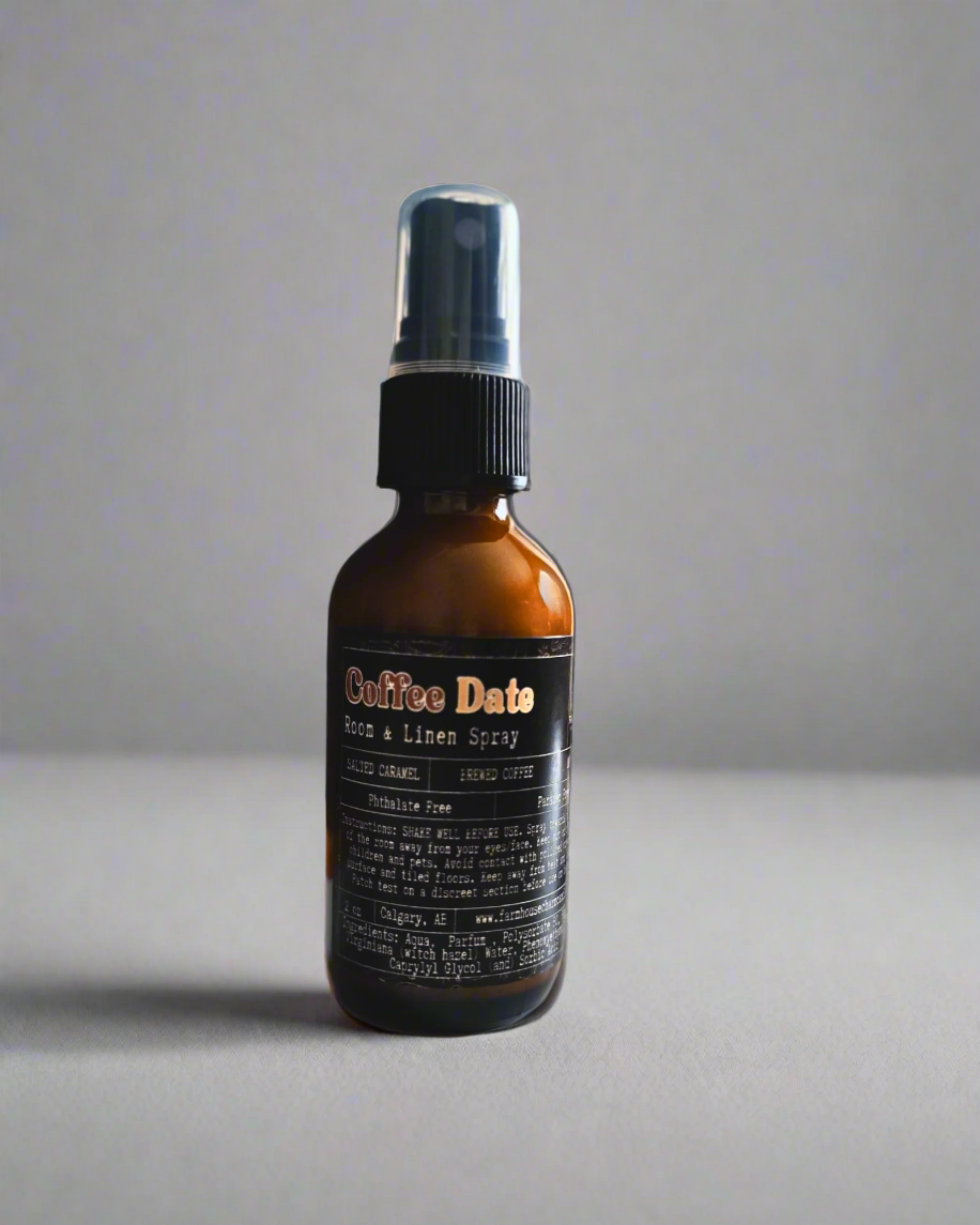 Farmhouse Charm Candles Transform any space into the coziest corner café! Coffee Date Room & Linen Spray combines the rich aromas of salted caramel, freshly brewed coffee, and creamy warm milk. A few spritzes are all it takes to infuse your home or linens with an irresistible, comforting scent.