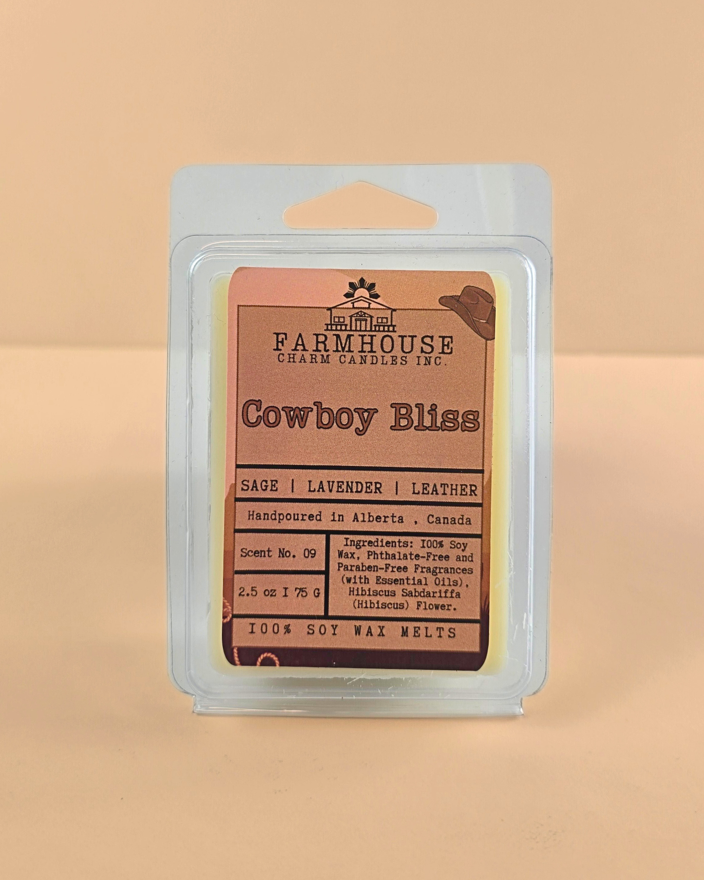 A bold blend of rugged leather, woodsy sage, and calming lavender, infused with hibiscus petals. This masculine-meets-floral scent brings cozy vibes and western charm. Perfect for any cowboy or cowgirl lookin’ to unwind. www.farmhousecharmcandles.com