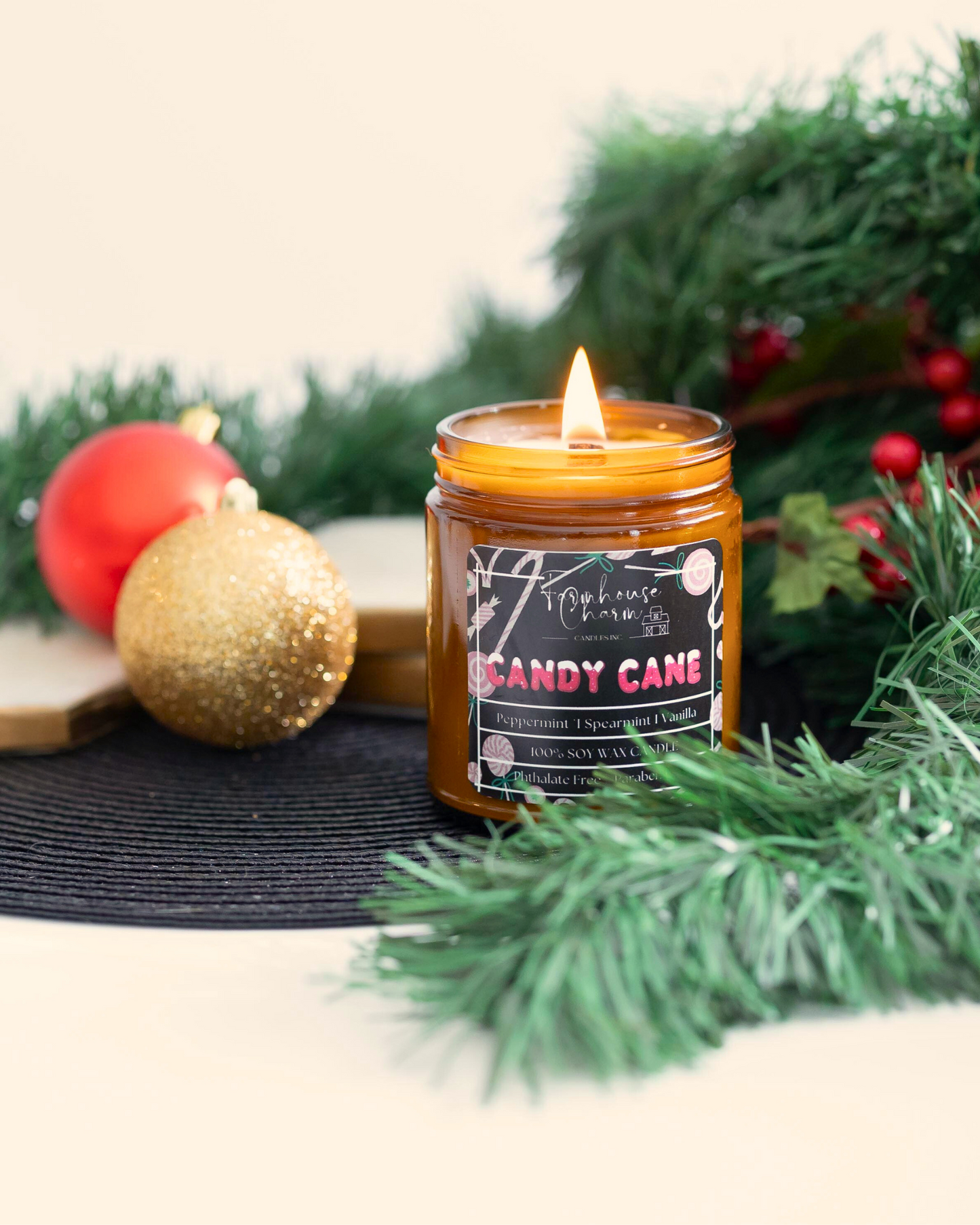 Candy Cane Soy Candle is the perfect blend of nostalgic and refreshing scents. The cool peppermint and spearmint notes provide a crisp and invigorating aroma, while the sweetness of vanilla adds a touch of warmth and comfort. Whether you're looking to create a festive atmosphere during the holiday season or simply want to enjoy a refreshing scent year-round, the Candy Cane Soy Candle is an excellent choice. www.farmhousecharmcandles.com