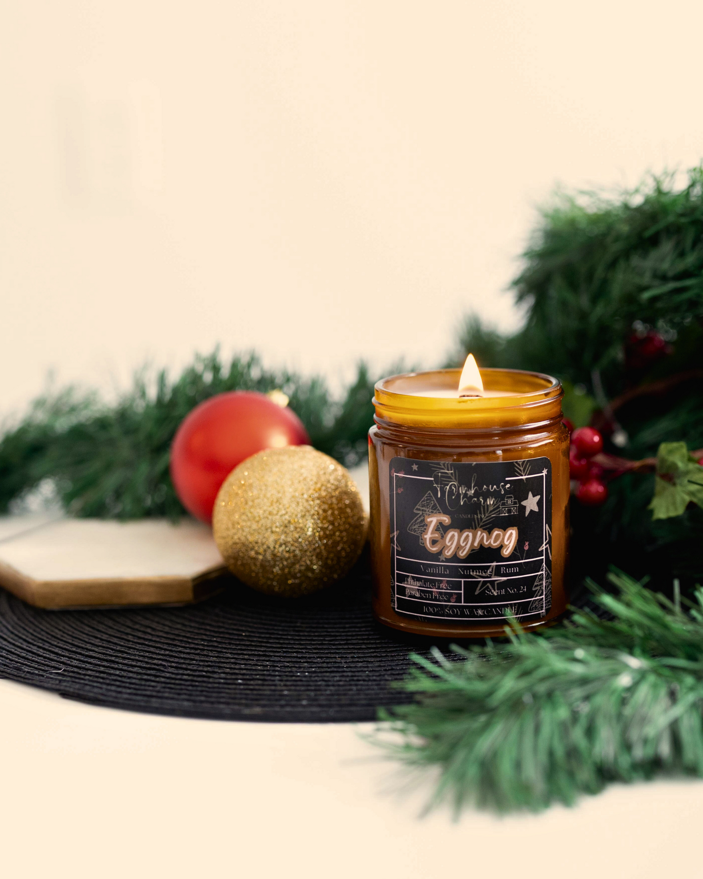 Indulge in the Festive Season with Eggnog Soy Candle. Experience the delicious aroma of vanilla buttercream expertly mixed with nutmeg, cinnamon, clove and a hint of rum. Our Eggnog Soy Candle is the perfect guilty pleasure for the holidays! www.farmhousecharmcandles.com