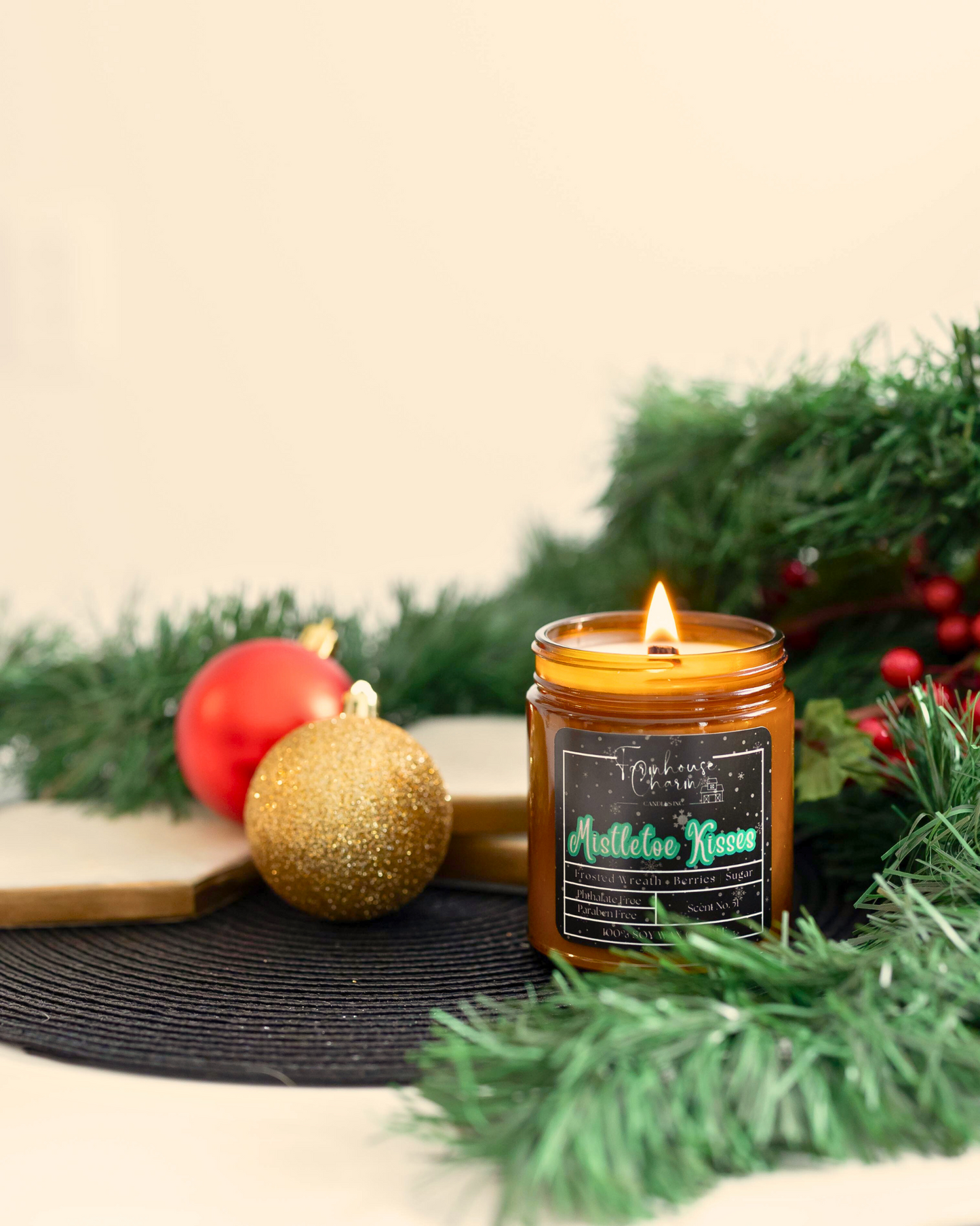 The Mistletoe Kisses Soy Candle is a delightful blend of frosted wreath, berries, and sugar. The frosted wreath scent provides a fresh and crisp fragrance that is reminiscent of a winter day, while the berries give it a fruity twist. The sugar adds a touch of sweetness to the candle, making it a perfect addition to your holiday decor. www.farmhousecharmcandles.com