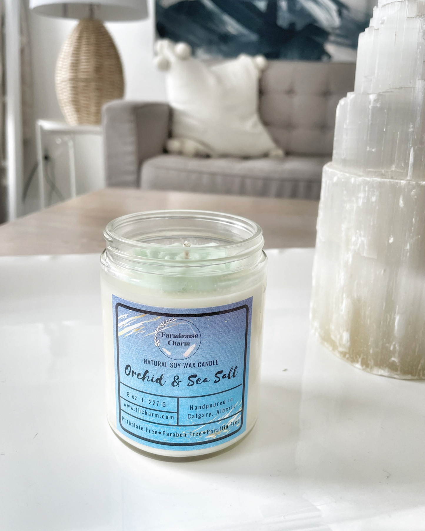 Experience the invigorating aroma of Orchid & Sea Salt - Farmhouse Charm Natural Soy Candle
. This soy candle offers a delightful blend of soft floral tones, including orchid, jasmine, and lily. The crisp and refreshing sea salt mist aroma adds an elegant touch to the fragrance, making it truly invigorating. The stunning mint-green soy wax top is shaped like a succulent, making it a unique addition to your decor. www.farmhousecharmcandles.com