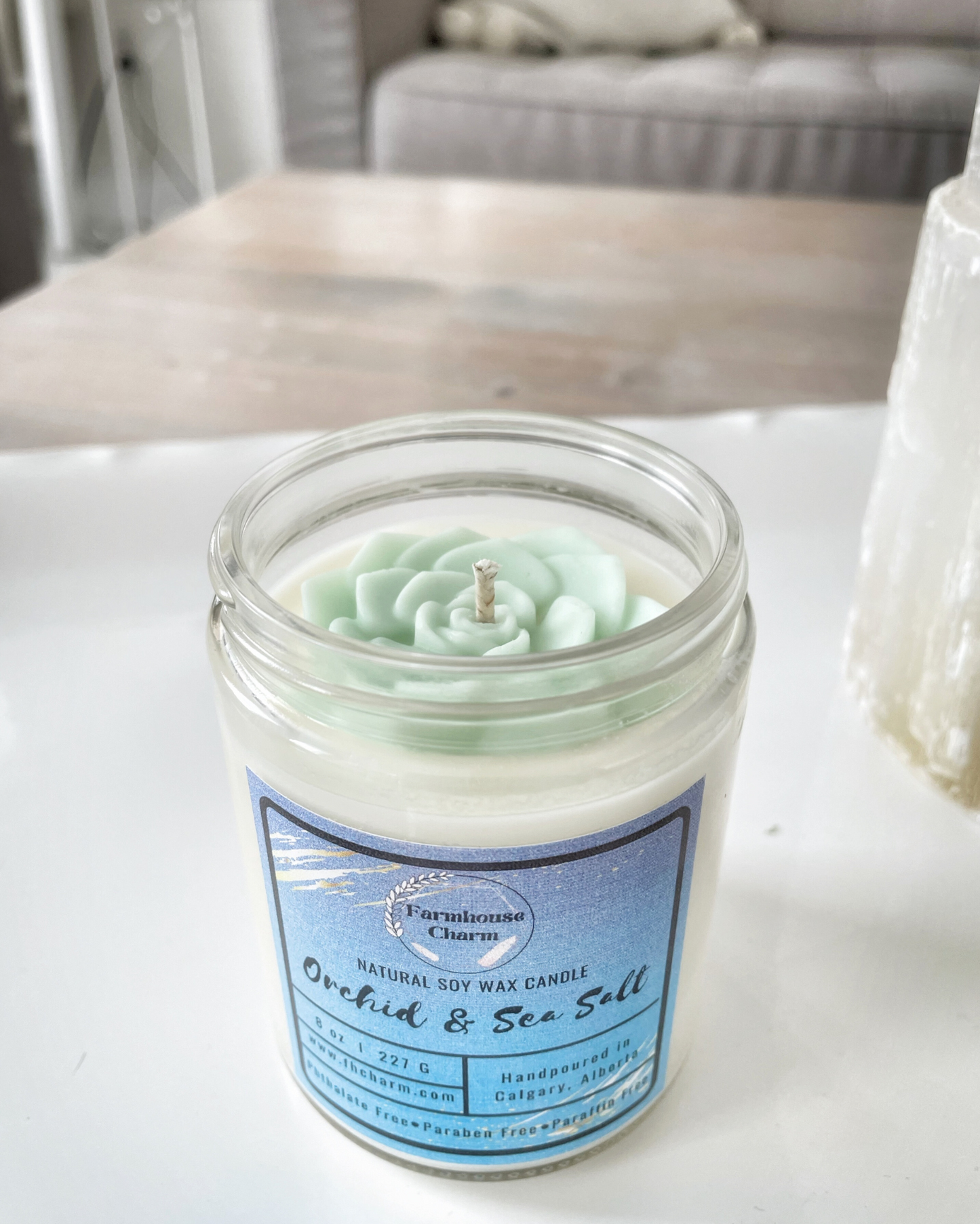 Experience the invigorating aroma of Orchid & Sea Salt - Farmhouse Charm Natural Soy Candle
. This soy candle offers a delightful blend of soft floral tones, including orchid, jasmine, and lily. The crisp and refreshing sea salt mist aroma adds an elegant touch to the fragrance, making it truly invigorating. The stunning mint-green soy wax top is shaped like a succulent, making it a unique addition to your decor. www.farmhousecharmcandles.com