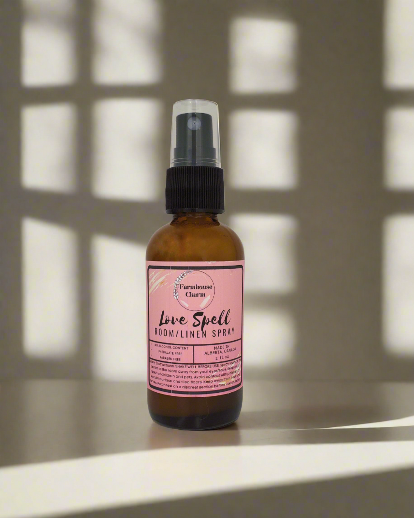 Enjoy this sweet floral scent. Love Spell Room and Linen Spray- Farmhouse Charm is a sweet bouquet of orange, bergamot, cherry blossom and white jasmine with hint of peach and berries on an undertone of musk. Love Spell Room and Linen Spray- Farmhouse Charm Net Weight: 2 oz No Alcohol Content Phthalate free Paraben free