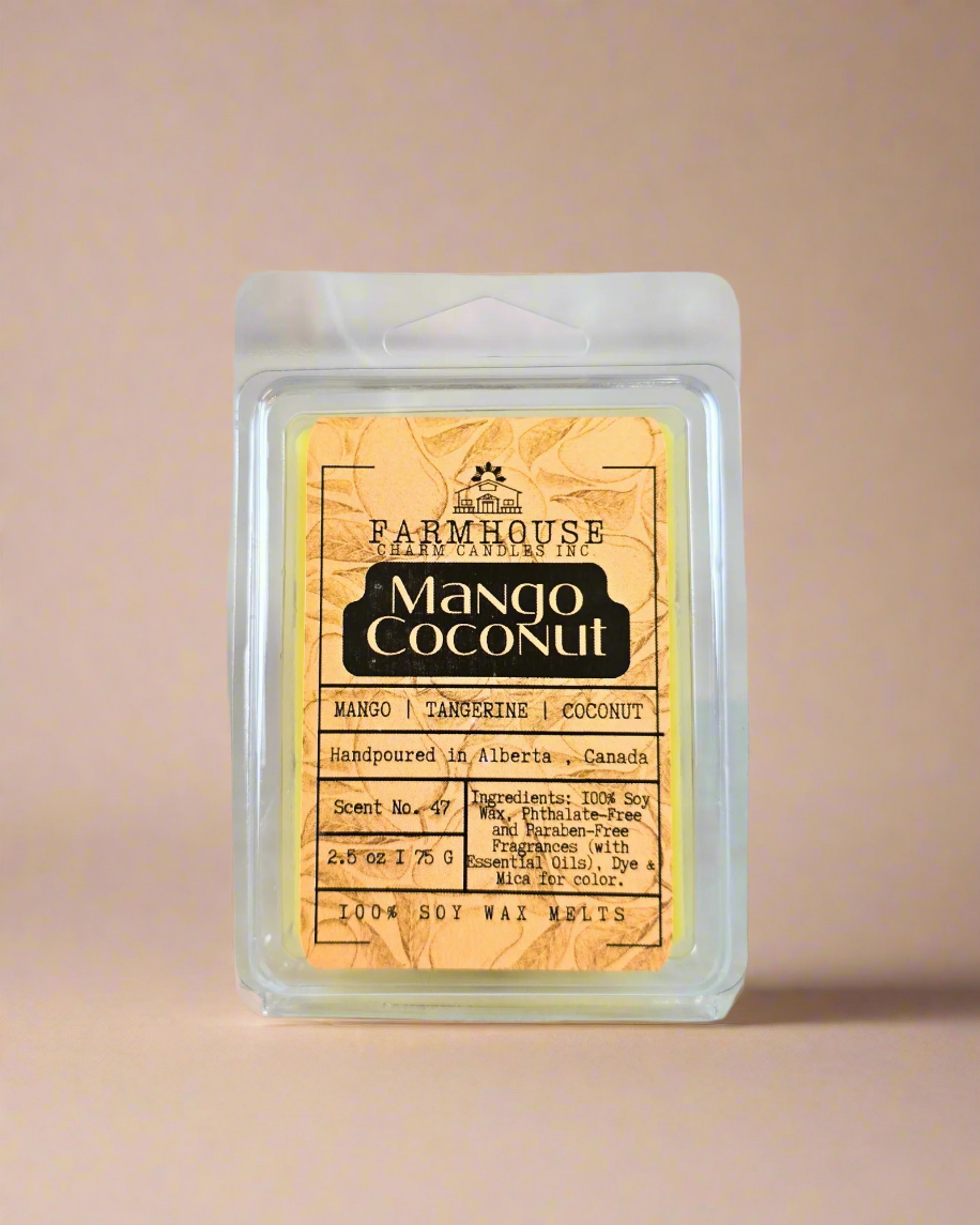 Mango, tangerine, and coconut collide in a sun-soaked, fruity getaway. It's the ultimate summer escape! Mango Coconut Soy Wax melts Farmhouse Charm Candles