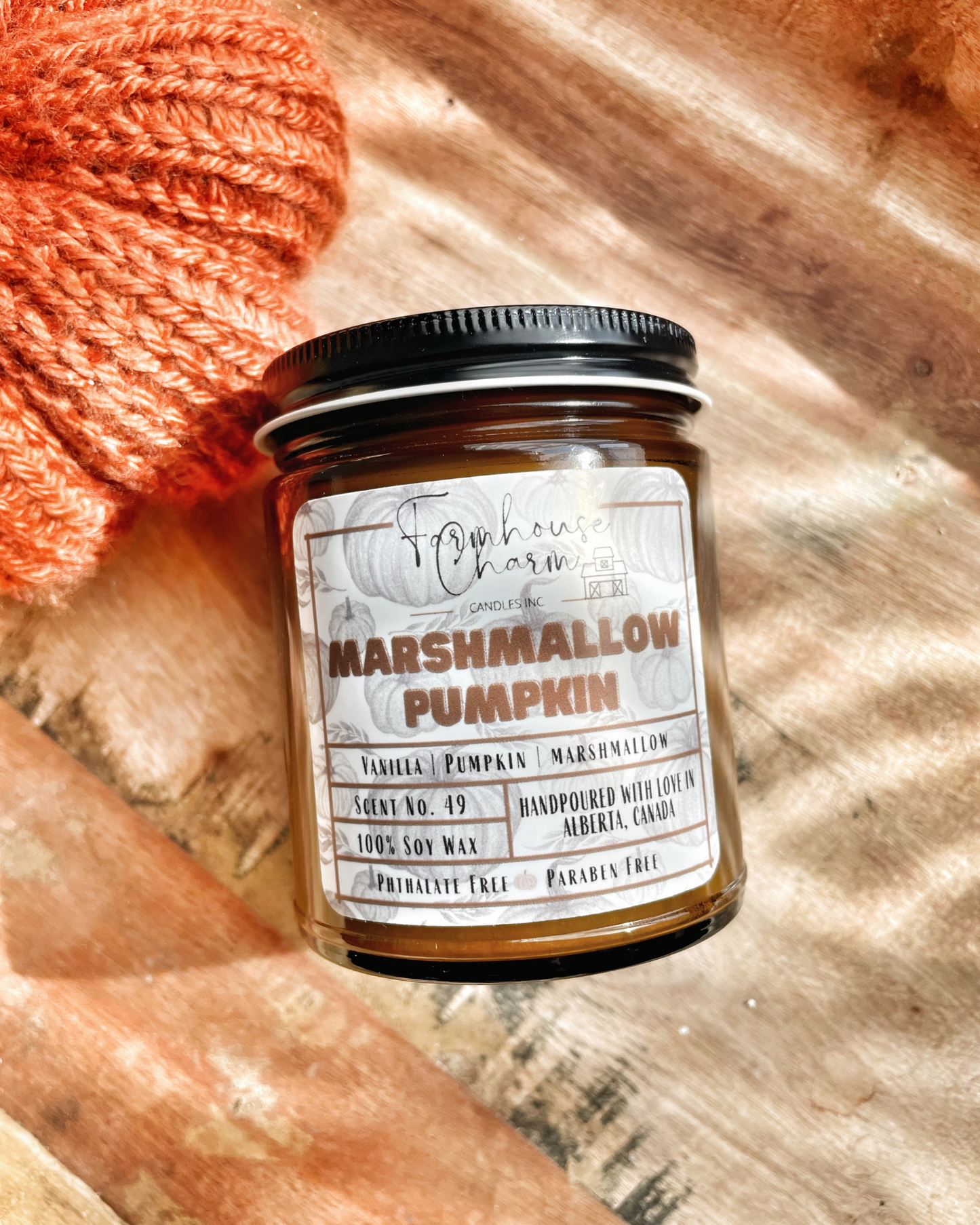 Marshmallow Pumpkin Soy Candle by Farmhouse Charm is a perfect addition to any home. The unique fragrance combines the sweet and comforting scents of vanilla, marshmallow, and pumpkin. The sweet and comforting scent of these candles creates a cozy atmosphere that is perfect for relaxing and unwinding after a long day.