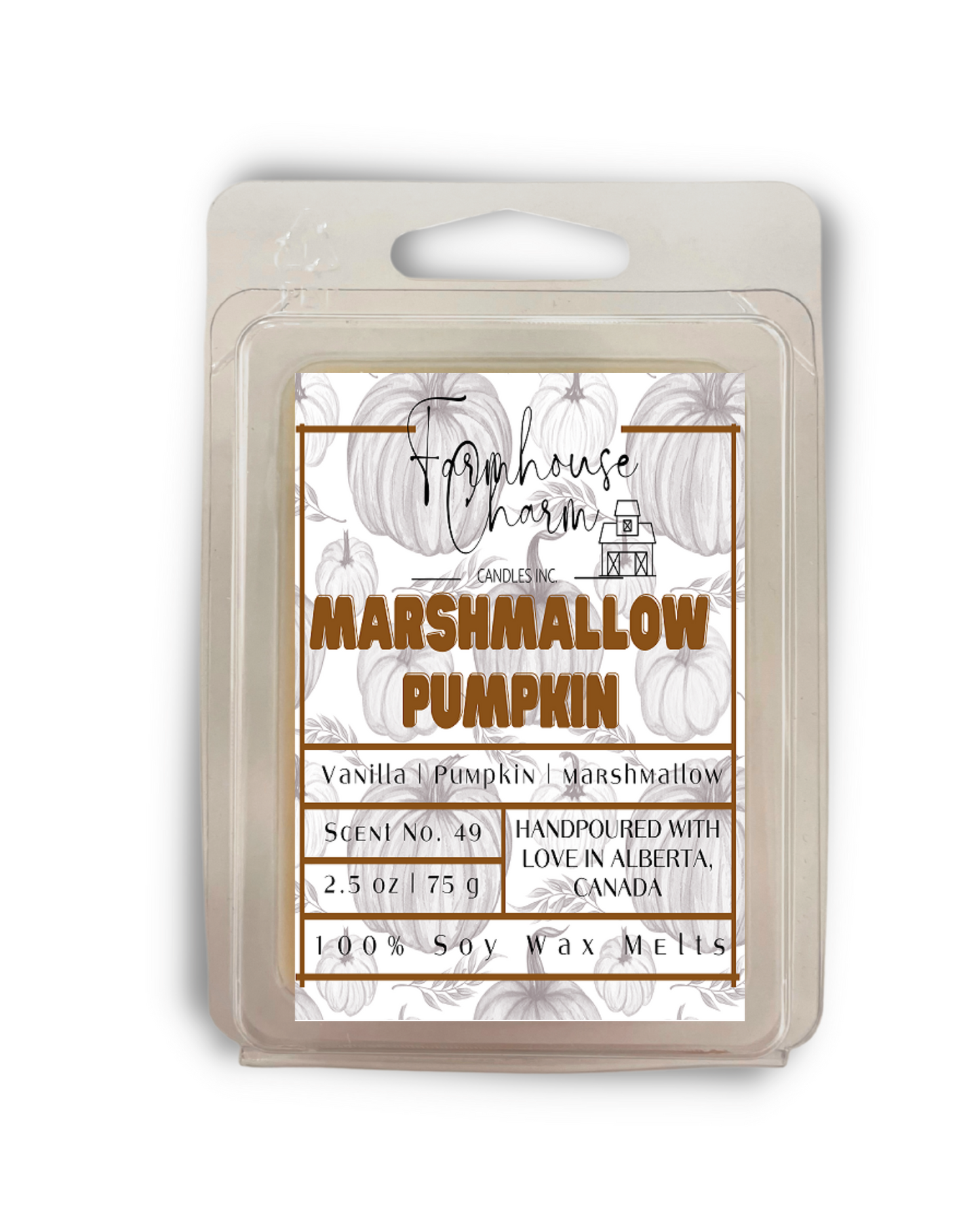 Marshmallow Pumpkin Soy Wax Melts by Farmhouse Charm is a perfect addition to any home. The unique fragrance combines the sweet and comforting scents of vanilla, marshmallow, and pumpkin. The sweet and comforting scent of these candles creates a cozy atmosphere that is perfect for relaxing and unwinding after a long day.