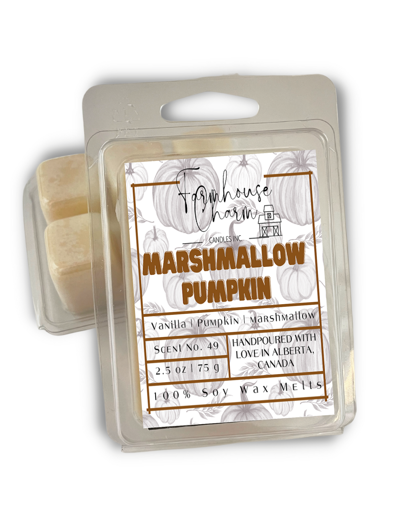 Marshmallow Pumpkin Soy Wax Melts by Farmhouse Charm is a perfect addition to any home. The unique fragrance combines the sweet and comforting scents of vanilla, marshmallow, and pumpkin. The sweet and comforting scent of these candles creates a cozy atmosphere that is perfect for relaxing and unwinding after a long day.