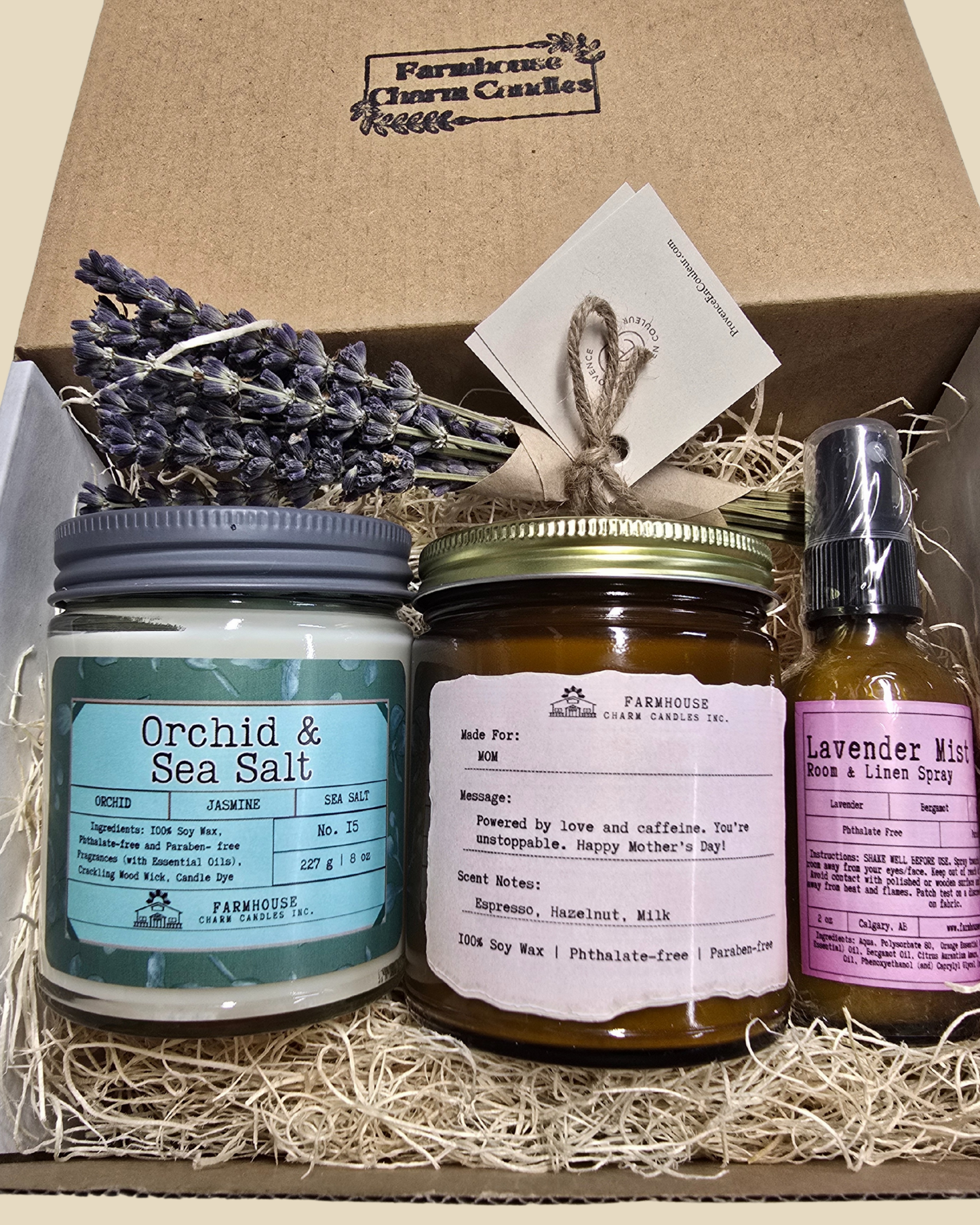 Mother's Day Gift Bundle www.farmhousecharmcandles.com. A thoughtfully curated set to show Mom just how much she means to you. Includes Orchid Sea Salt Soy Candle, Personalized Soy Candle, Lavender Mist Room & Linen Spray, Mini Lavender Bouquet