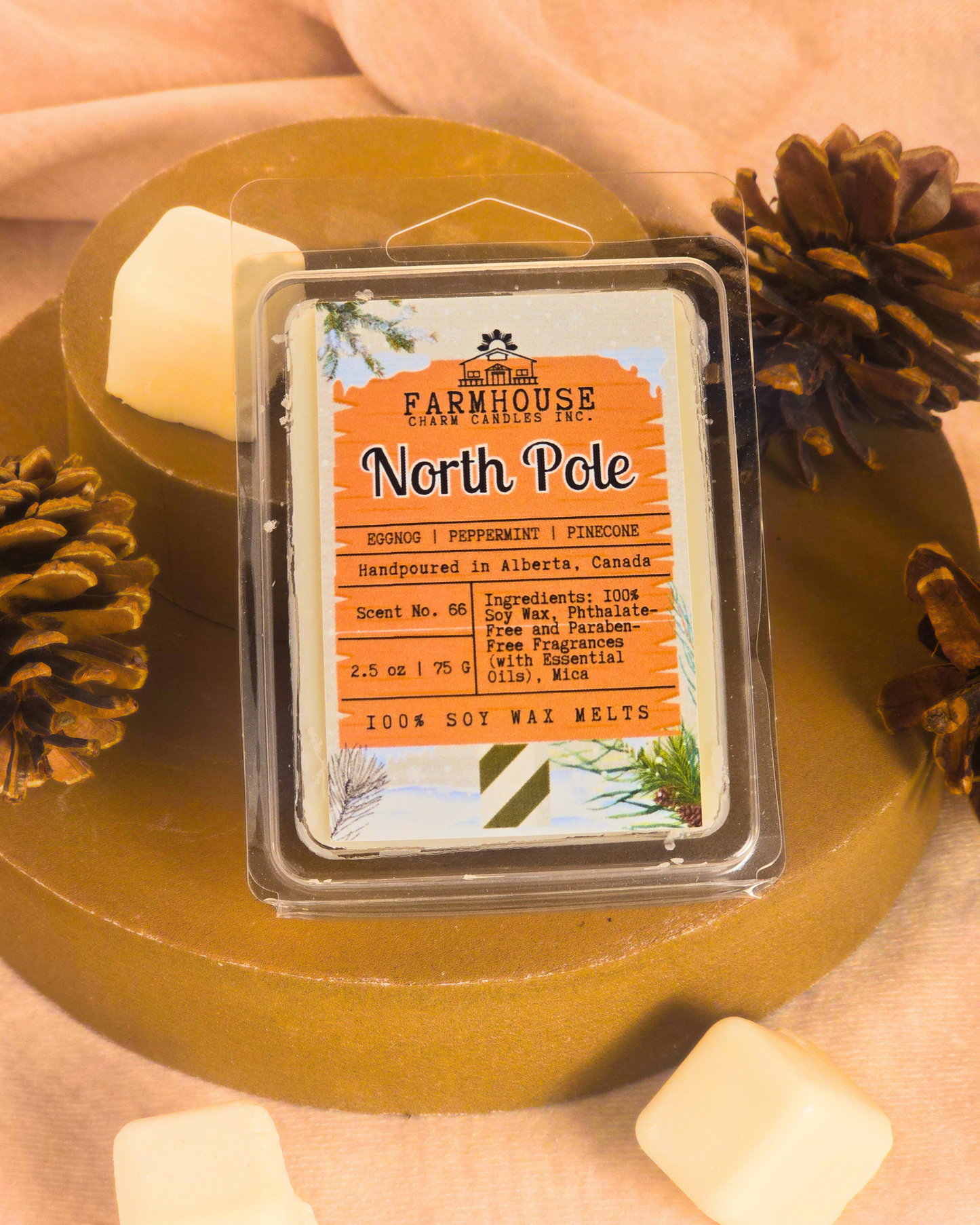 North Pole Wax Melts — creamy eggnog, cool peppermint, and pinecone scent soy wax melts displayed in a cozy farmhouse setting with festive holiday accents.