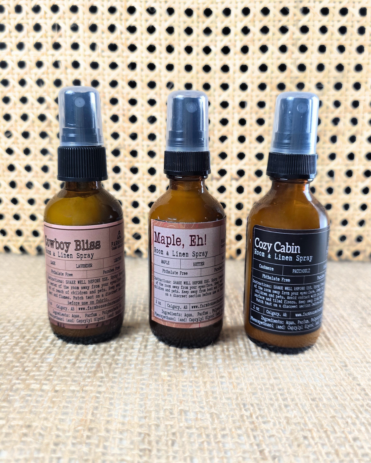 Celebrate Canadian charm with our Oh, Canada Room & Linen Spray Bundle! This set includes 3 x 60 ml room &; linen sprays.
🍁Cowboy Bliss (Lavender + Sage + Leather)
🍁Maple, Eh! (Maple + Butter + Vanilla)
🍁Cozy Cabin (Cashmere + Patchouli + Sandalwood)
Farmhouse Charm Candles