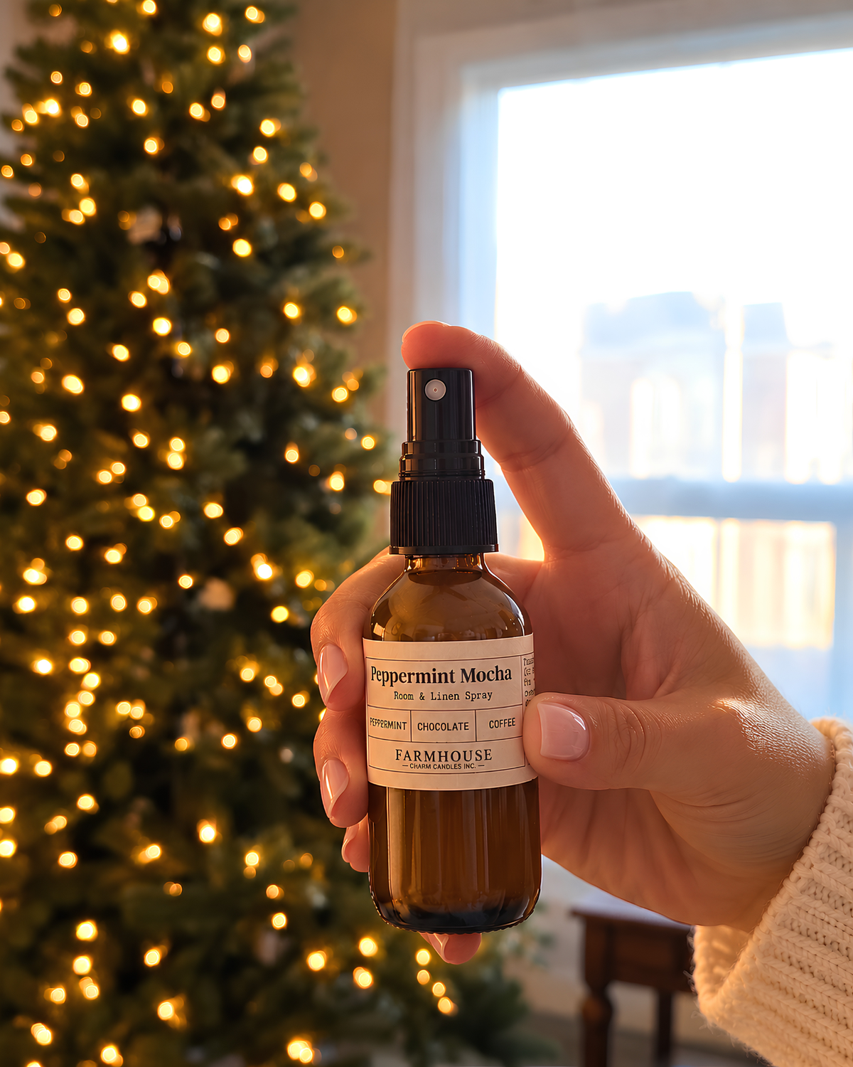 A hand holding a small amber glass spray bottle labeled 'Peppermint Mocha' by Farmhouse Charm Candles, with a blurred Christmas tree and bright window in the background.