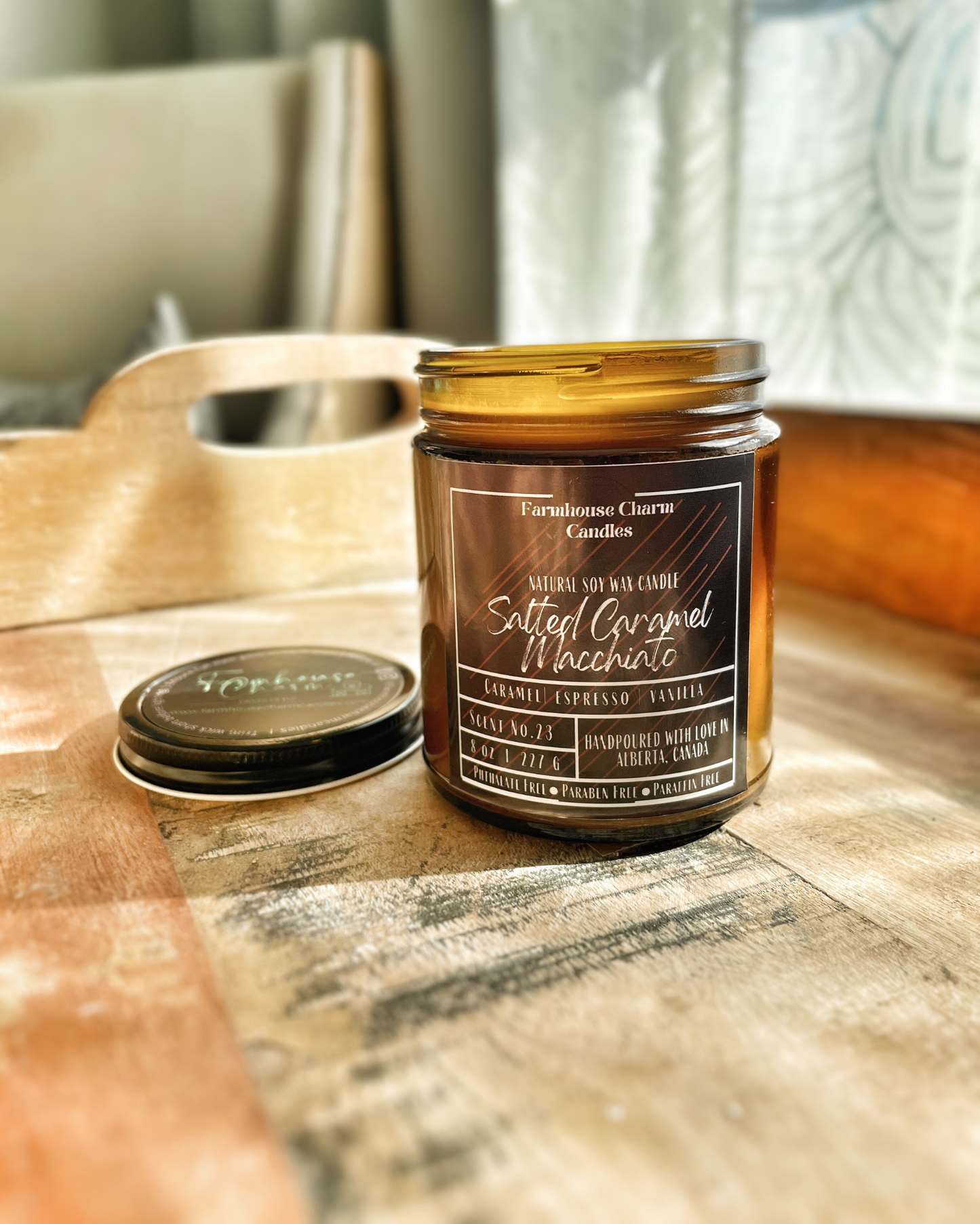 Savor the autumn season with a cozy sweater and a warm Salted Caramel Macchiato Soy Candle. For all the coffee lovers out there, the Salted Caramel Macchiato Soy Candle by Farmhouse Charm is the perfect addition to your fall routine. Infused with warm and rich aromas, this candle features a top note of caramelized sugar blended with roasted espresso, vanilla, salt, and spicy cinnamon.