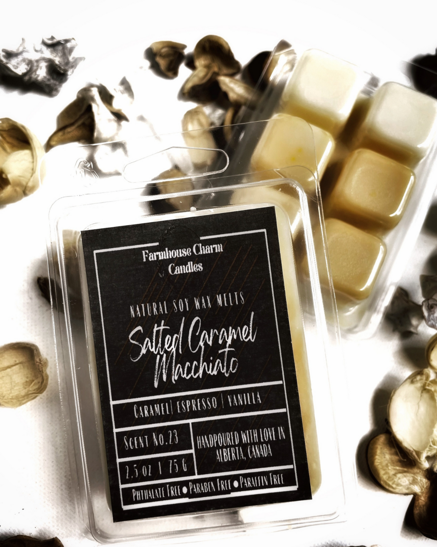 Savor the autumn season with a cozy sweater and a warm Salted Caramel Macchiato Soy Wax Melts. For all the coffee lovers out there, the Salted Caramel Macchiato Soy Wax Melts by Farmhouse Charm is the perfect addition to your fall routine. Infused with warm and rich aromas, this candle features a top note of caramelized sugar blended with roasted espresso, vanilla, salt, and spicy cinnamon.