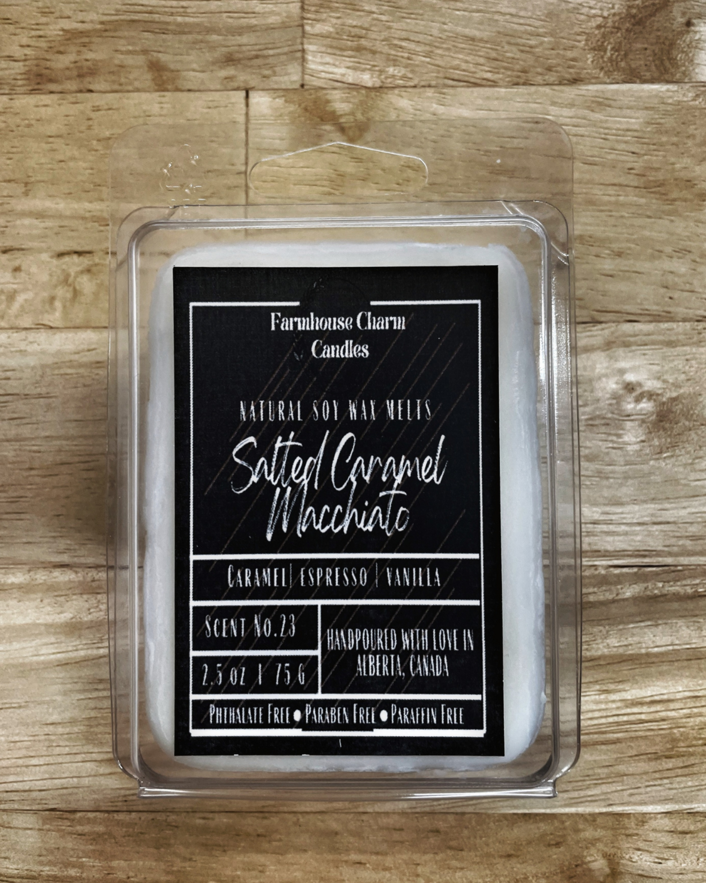Savor the autumn season with a cozy sweater and a warm Salted Caramel Macchiato Soy Wax Melts. For all the coffee lovers out there, the Salted Caramel Macchiato Soy Wax Melts by Farmhouse Charm is the perfect addition to your fall routine. Infused with warm and rich aromas, this candle features a top note of caramelized sugar blended with roasted espresso, vanilla, salt, and spicy cinnamon.
