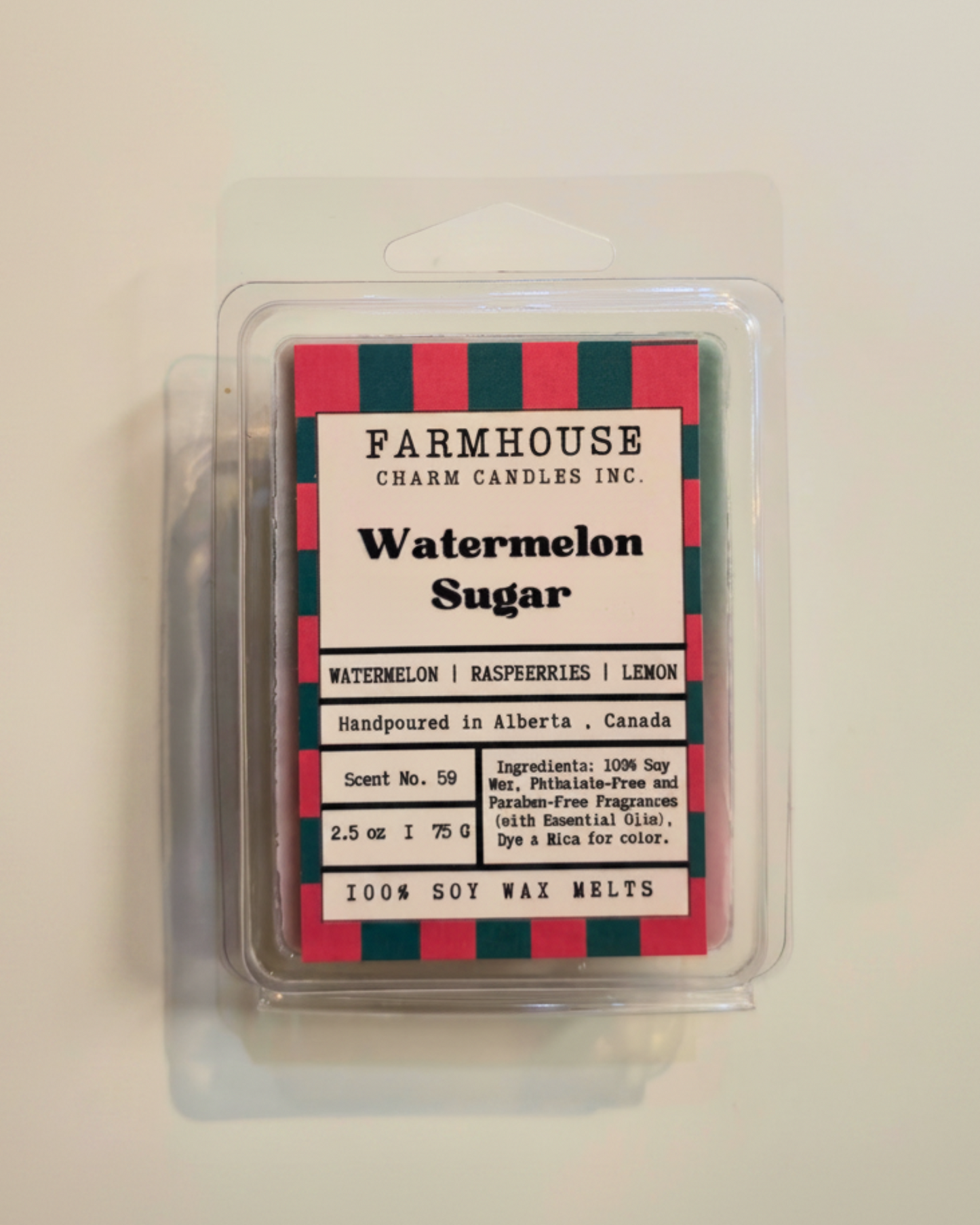 Farmhouse Charm Candles Watermelon Sugar wax melt packaging on a beige background