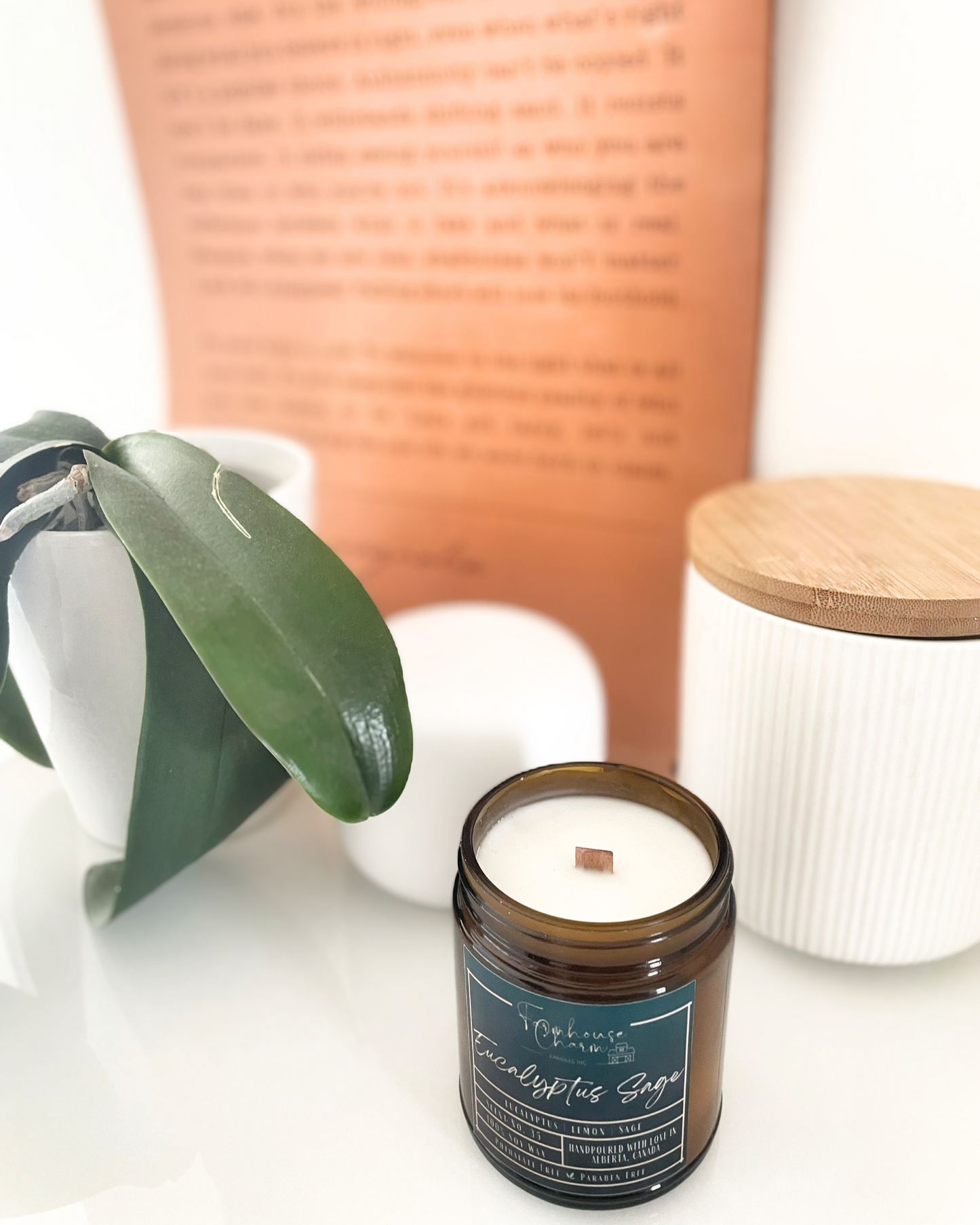 Introducing Our New Classic Fragrance: Eucalyptus Sage - Farmhouse Charm Soy Candle. Experience the soothing and clean aroma of our latest candle blend. This unique blend of eucalyptus and woody sage creates an herbal scent that's complemented by a refreshing splash of lemon. Perfect for unwinding and clearing your mind, this candle is a must-have for anyone seeking relaxation.www.farmhousecharmcandles.com