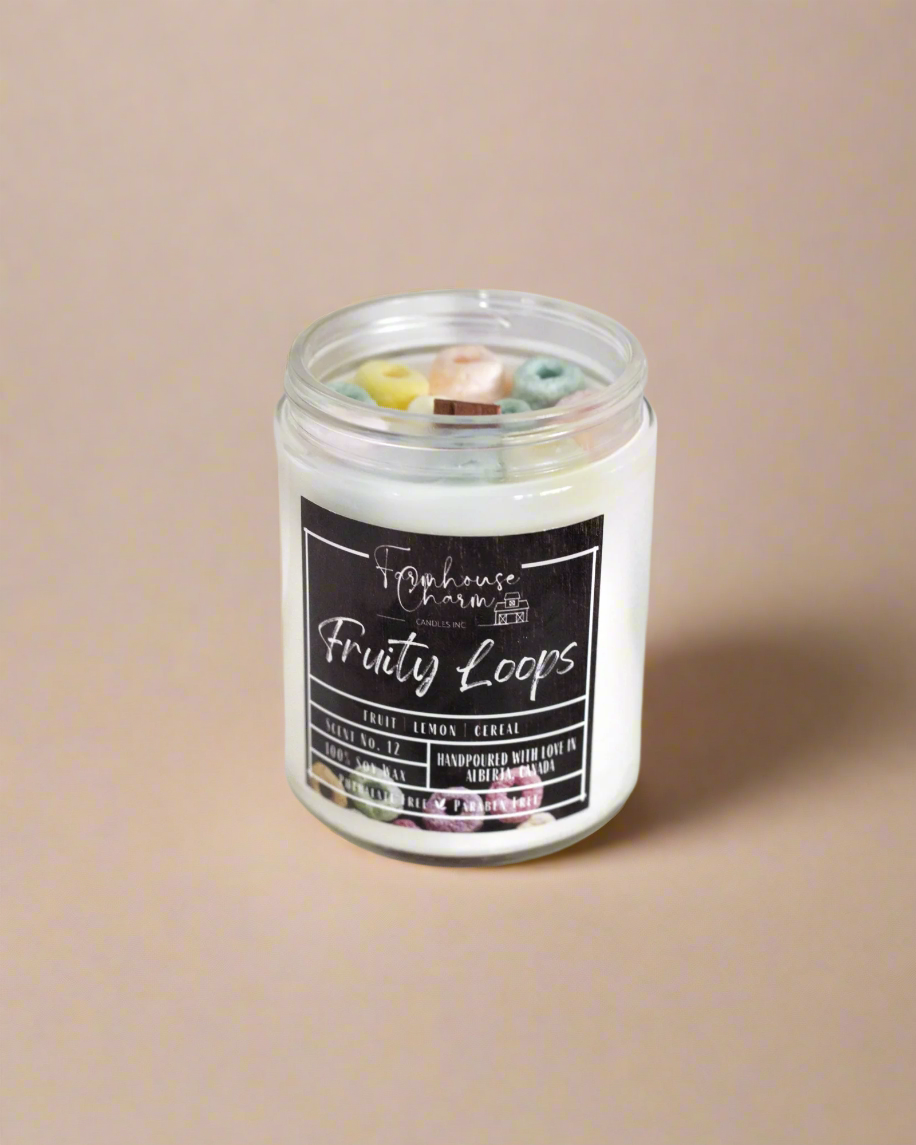 Farmhouse Charm Candles. Take a trip down memory lane with our best-selling candle! Packed with juicy citrus, sweet berries, and a zing of lemon, this fun and fruity scent smells just like your favorite Saturday morning cereal. Light it up and let the nostalgic aroma whisk you back to simpler, sweeter times.
"One whiff of this candle, and you're back to those carefree childhood days!"
🍊Handcrafted with colorful cereal-shaped wax embeds, this playful candle brings a touch of childhood charm.