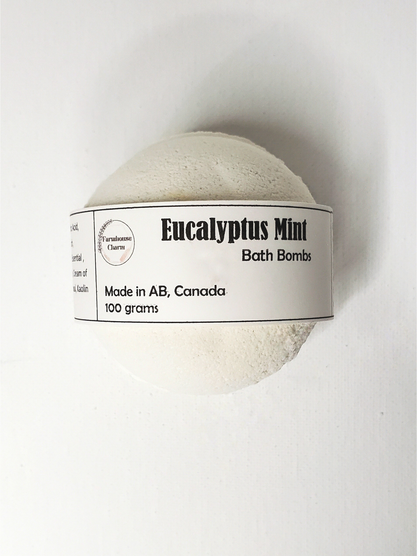 Eucalyptus Mint Bath Bomb- Farmhouse Charm is made with all natural ingredients and infused with essential oils. Drop or hold in bath water. Enjoy the fizzing action, wonderful aromas and nourishing oils.