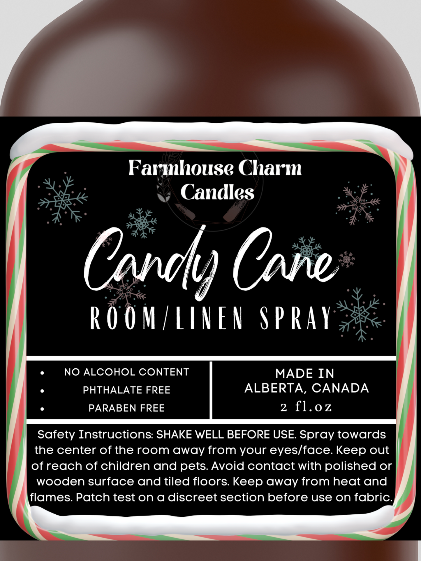 Candy Cane Room and Linen Spray is the perfect blend of nostalgic and refreshing scents. The cool peppermint and spearmint notes provide a crisp and invigorating aroma, while the sweetness of vanilla adds a touch of warmth and comfort. www.farmhousecharmcandles.com