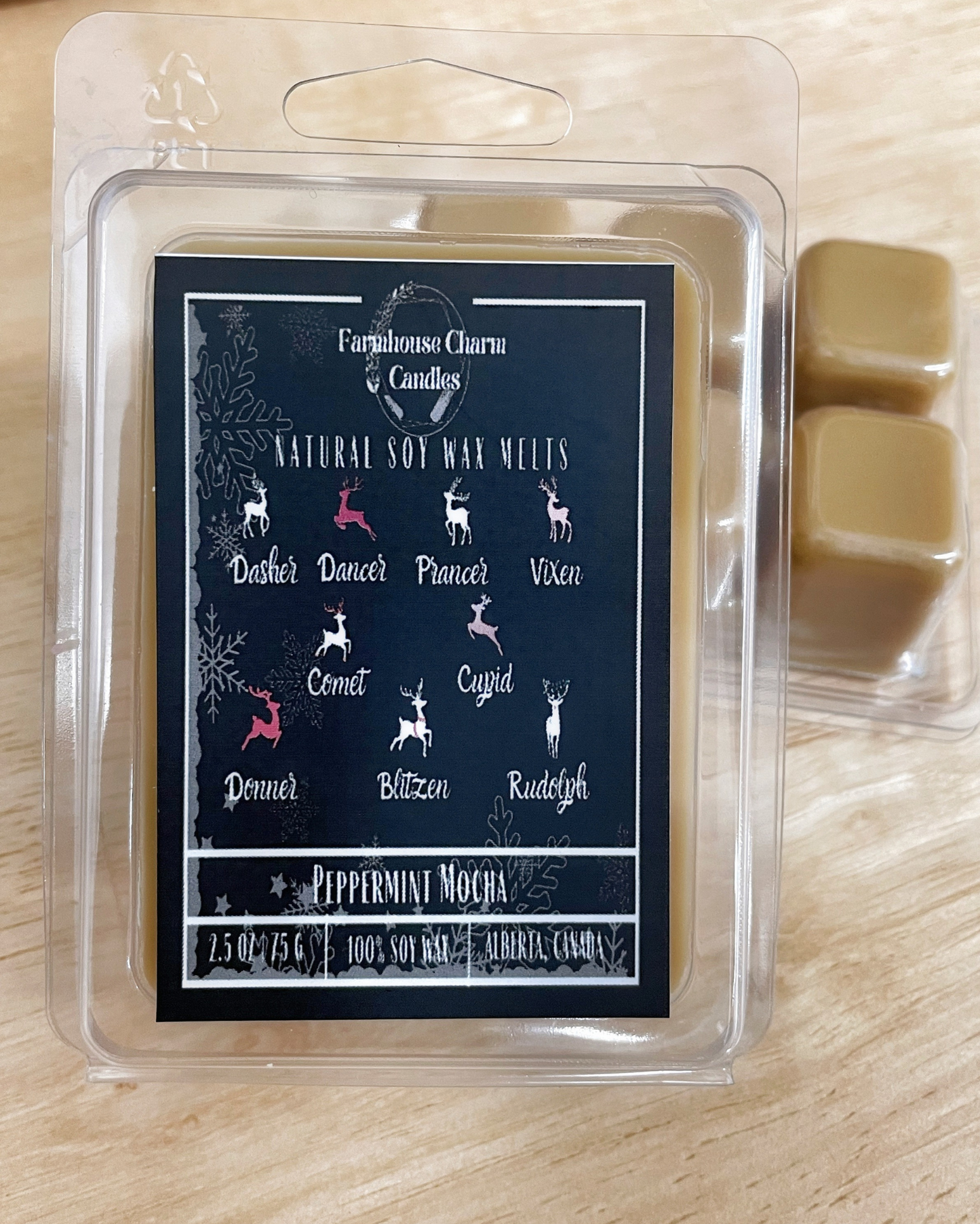 Make Sure You're on Santa's Nice List with Reindeer's Brew Soy Wax Melts. This winter, take a sweet and delightful escape with our Reindeer's Brew Soy Wax Melts. Our candle is the perfect combination of espresso, cocoa, and peppermint with a hint of marshmallow, creating the ideal ambiance. Plus, it features the names of Santa's reindeer – a festive addition to your holiday season.es. size: 2.5 oz. (75 g) www.farmhousecharmcandles.com