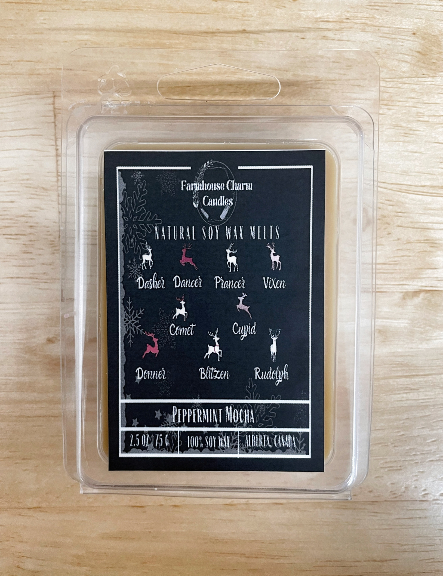 Make Sure You're on Santa's Nice List with Reindeer's Brew Soy Wax Melts. This winter, take a sweet and delightful escape with our Reindeer's Brew Soy Wax Melts. Our candle is the perfect combination of espresso, cocoa, and peppermint with a hint of marshmallow, creating the ideal ambiance. Plus, it features the names of Santa's reindeer – a festive addition to your holiday season.es. size: 2.5 oz. (75 g) www.farmhousecharmcandles.com
