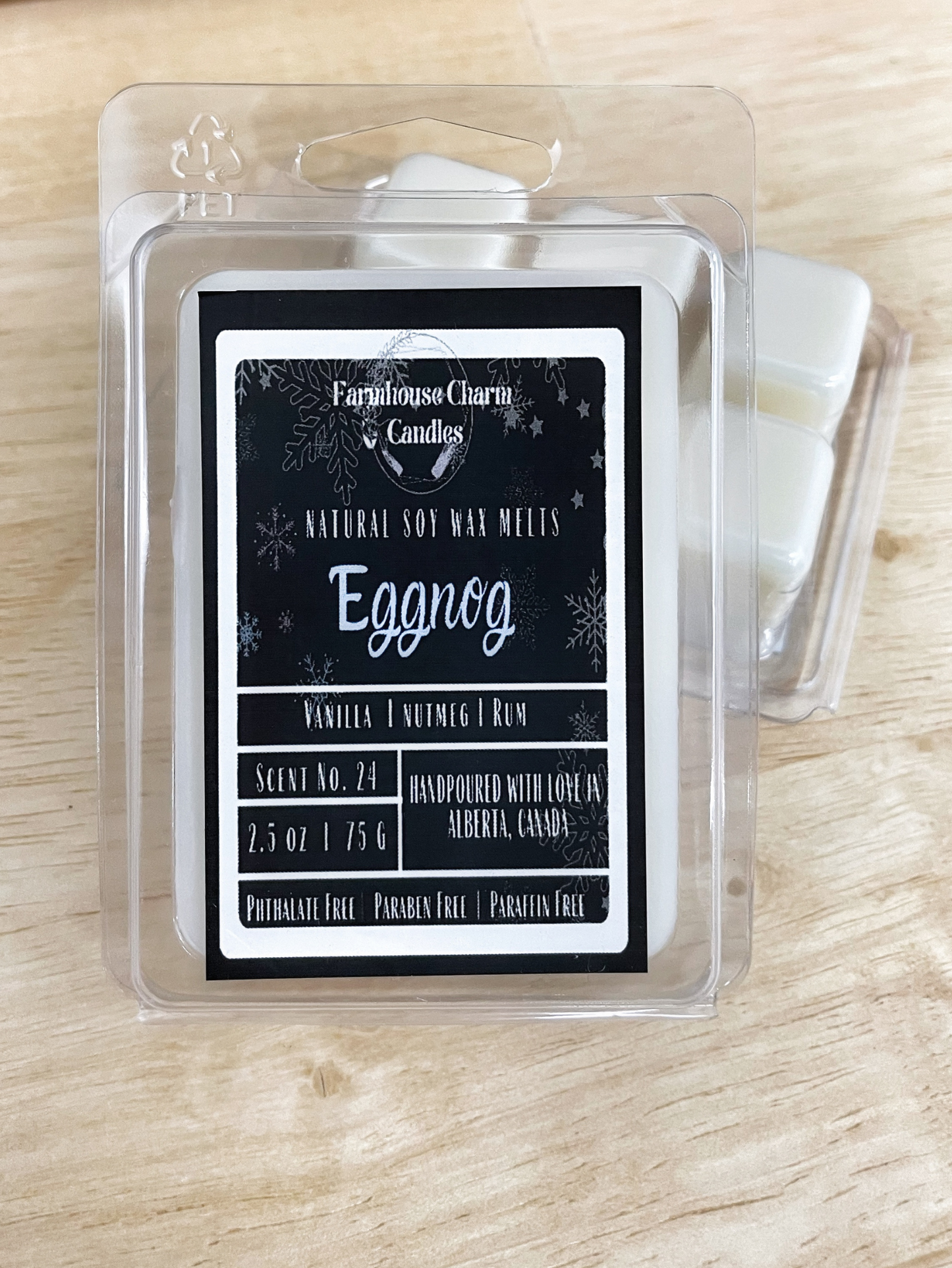 Indulge in the Festive Season with Eggnog Soy Wax Melts. Experience the delicious aroma of vanilla buttercream expertly mixed with nutmeg, cinnamon, clove and a hint of rum. Our Eggnog Soy Wax Melts is the perfect guilty pleasure for the holidays! size: 2.5 oz. (75 g) www.farmhousecharmcandles.com