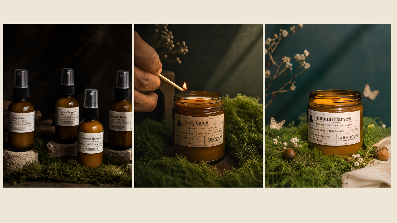 Autumn Glow Collection by Farmhouse Charm Candles on rustic wood background