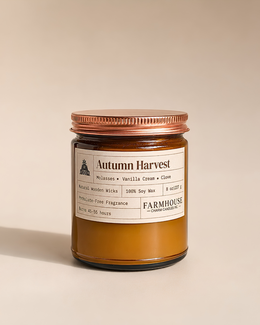 A Farmhouse Candle Company 'Autumn Harvest' scented candle in a amber-colored glass jar and a copper metal lid, set against a solid beige background.