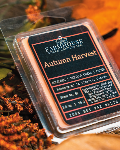 Farmhouse Charm Candles Inc. Autumn Harvest soy wax melt package with decorative fall background.