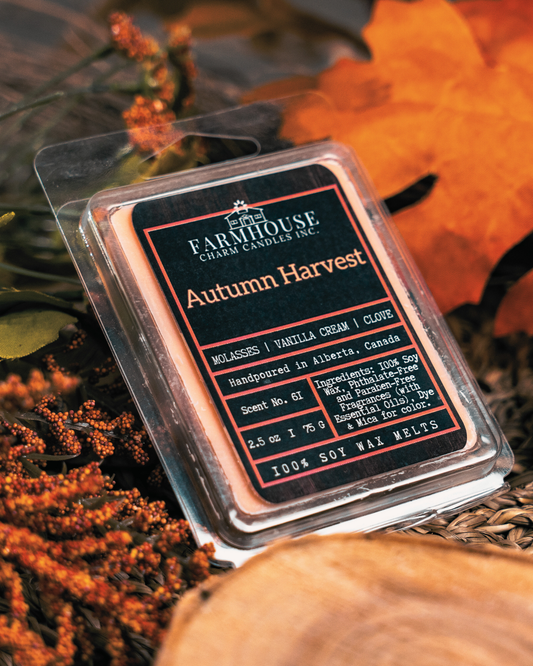 Farmhouse Charm Candles Inc. Autumn Harvest soy wax melt package with decorative fall background.