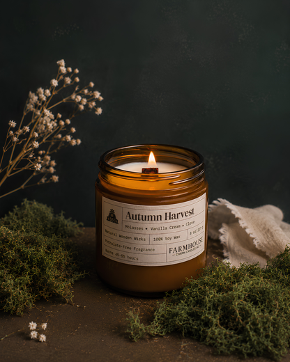 A lit amber glass jar candle labeled Autumn Harvest by Farmhouse Charm Candles, styled on a dark surface with dried white flowers, green moss, and a piece of textured white fabric against a dark green background.