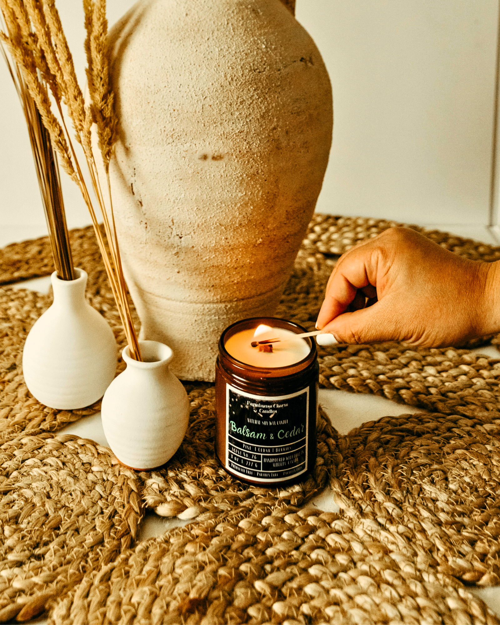Farmhouse Charm Candles Balsam & Cedar candle with cozy winter aesthetic