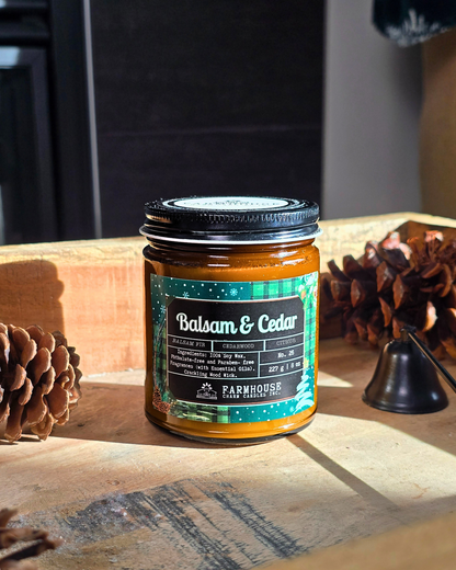 Farmhouse Charm Candles Balsam & Cedar candle with cozy winter aesthetic