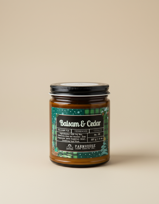 Farmhouse Charm Candles Balsam & Cedar candle with cozy winter aesthetic