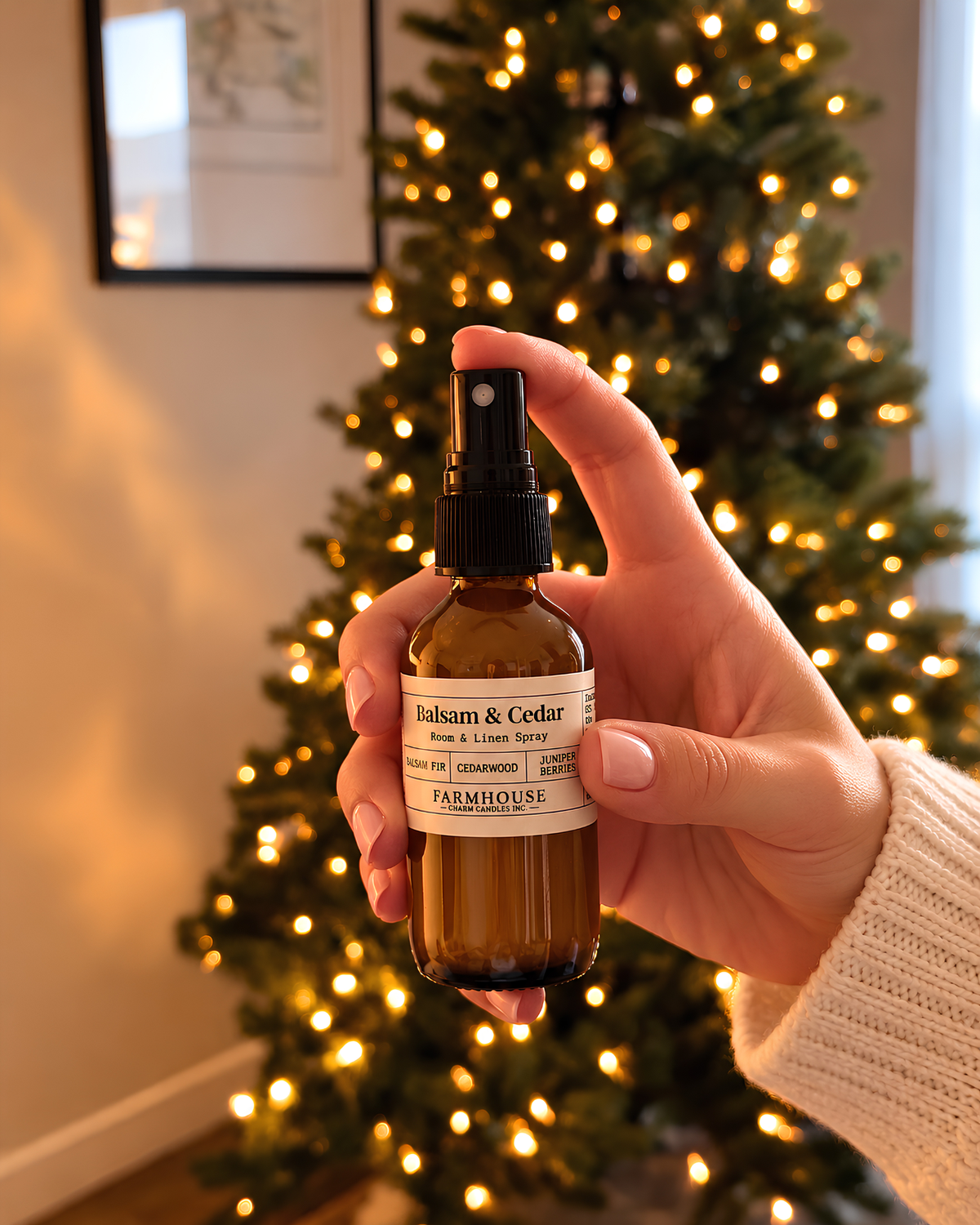 A hand holding a small amber glass spray bottle labeled 'Balsam & Cedar' by Farmhouse Charm Candles in front of a softly blurred Christmas tree with warm lights.