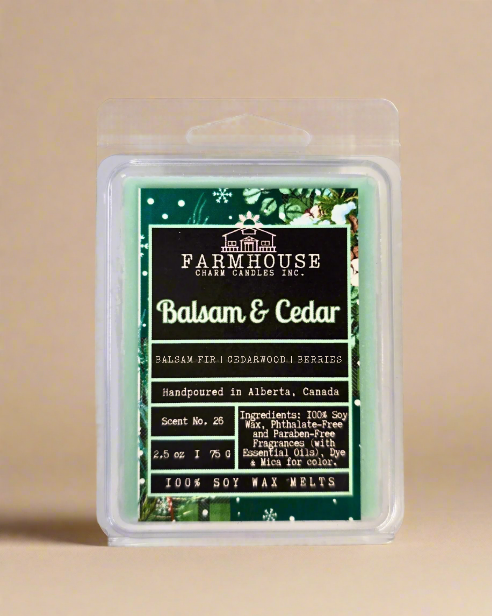Farmhouse Charm Candles Balsam & Cedar wax melt packaging on a beige background