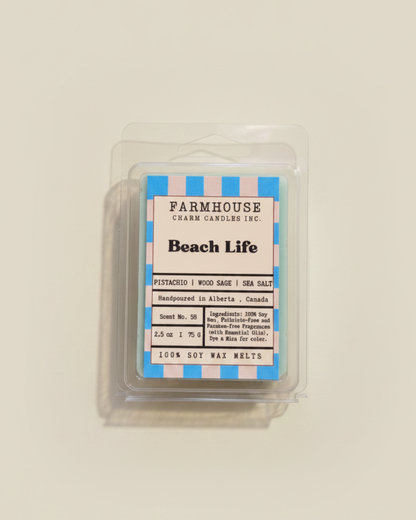 Farmhouse Charm Candles Beach Life wax melt packaging on a beige background