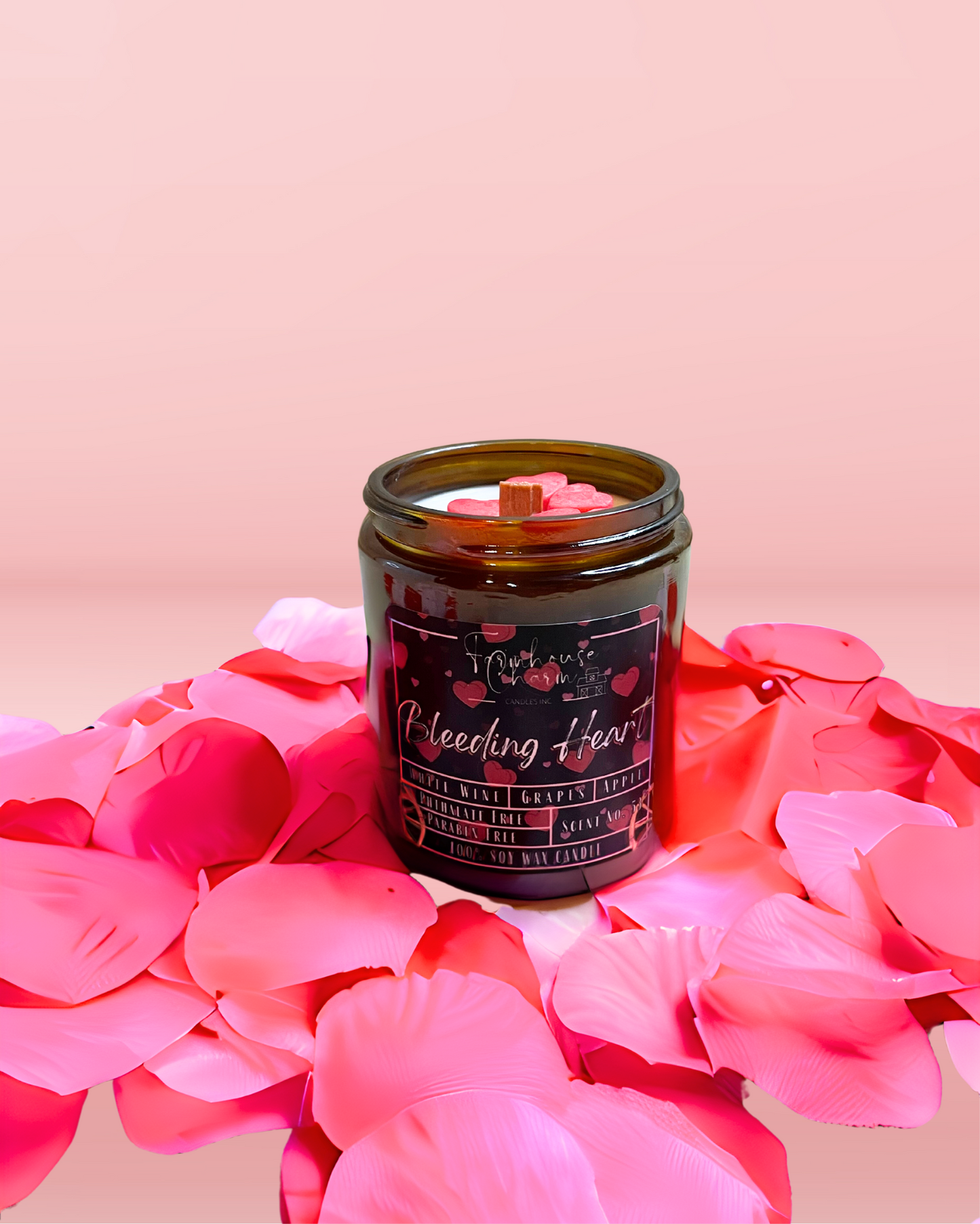Get ready to swoon over Bleeding Heart Soy Candle. This one-of-a-kind scent is a delightful mix of Pinot Grigio wine, juicy grapes, crisp apples, with a citrusy zing to round it off. The Pinot Grigio gives it an elegant touch, while the fruity goodness of grapes and apple balance it out. Plus, the red heart toppings that appear to bleed make it a perfect Valentine's Day gift for your nose! www.farmhousecharmcandles.com