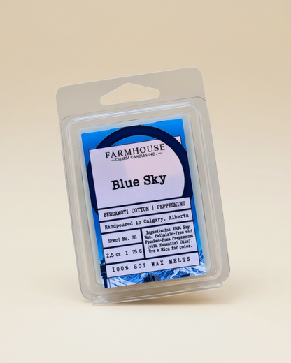 Packaged wax melt with 'Farmhouse Blue Sky' label on a beige background