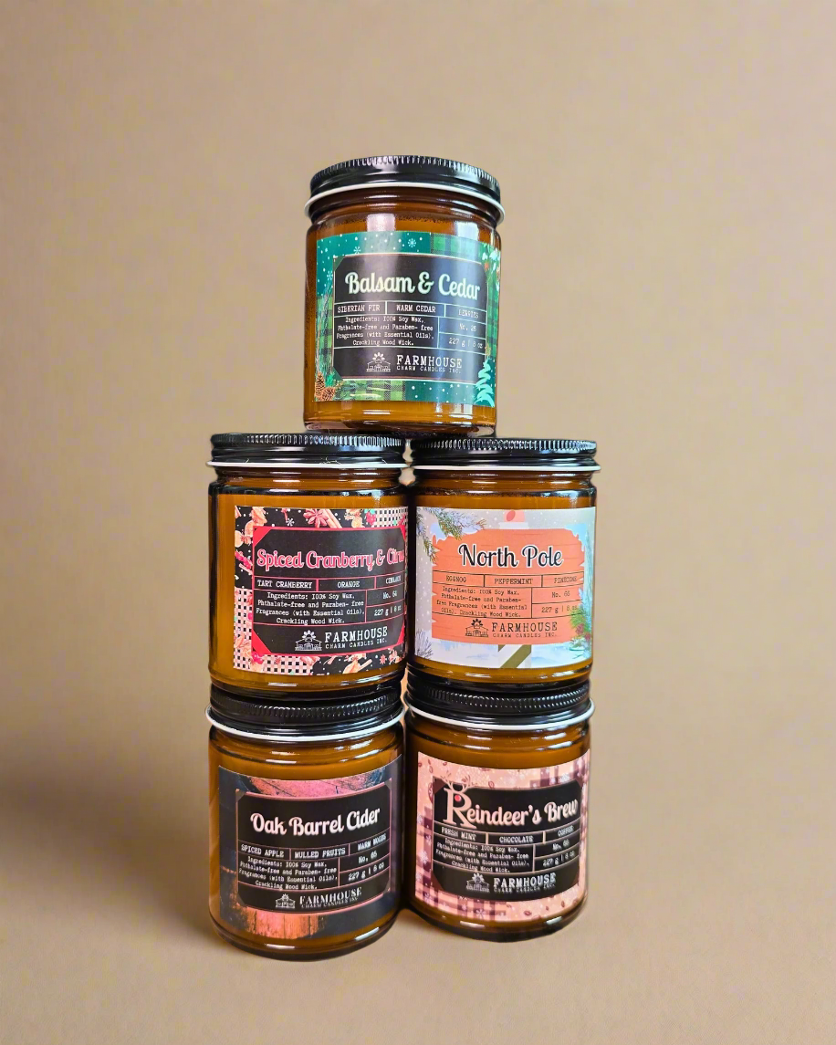 Farmhouse Charm Candles Christmas Candle Gift Bundle — five soy candles packaged together as a festive holiday gift set.