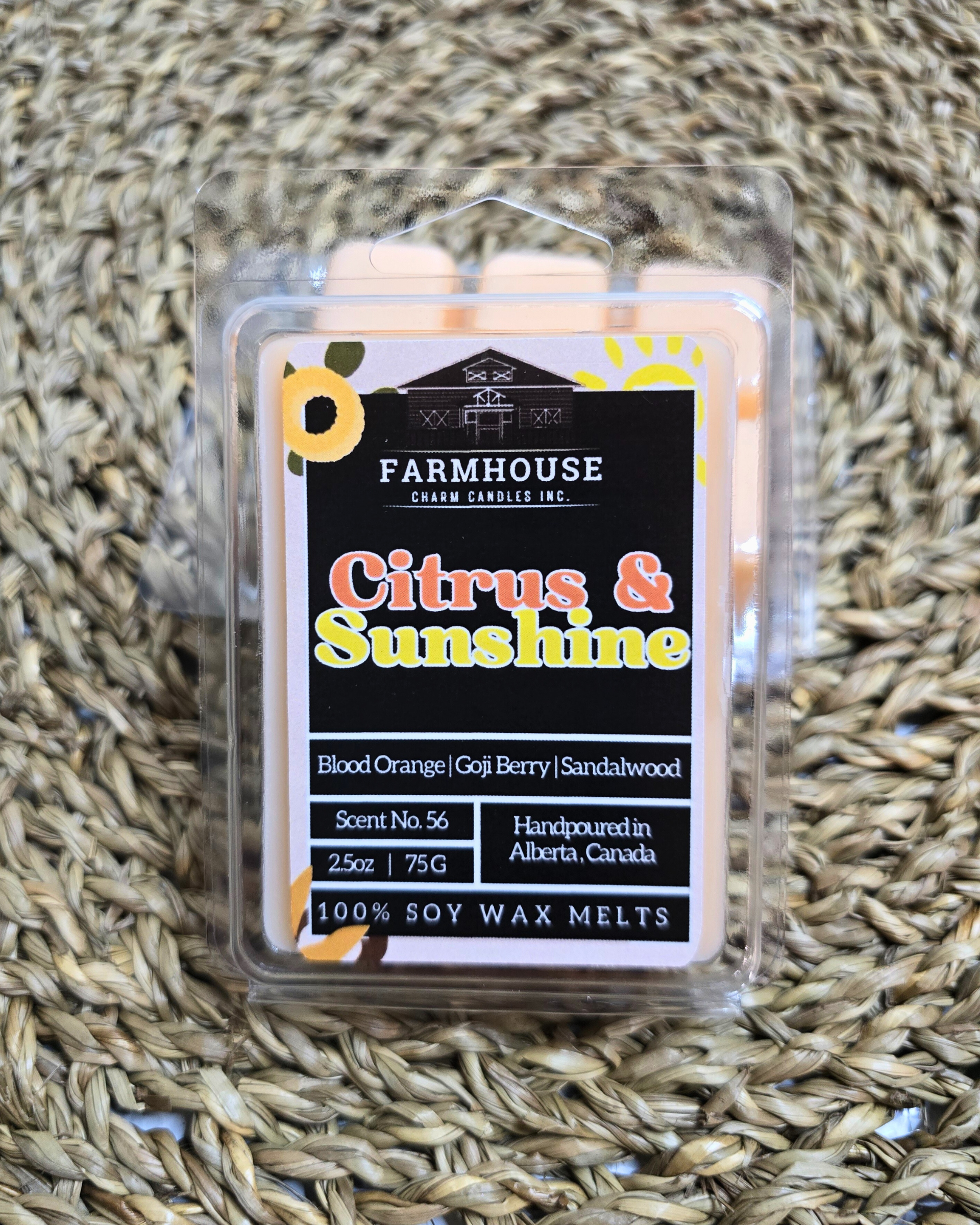 There's something magical about lighting a candle that takes you back to sun-drenched days and warm, nostalgic moments. Our Citrus &amp; Sunshine Soy &nbsp;Wax Melts is crafted to do just that, filling your space with the vibrant and comforting aromas of Blood Orange, Goji Berry, and Sandalwood.&nbsp; 2.5 oz net weight. Citrus &amp; Sunshine Soy Wax Melts is in a 6 cubes recyclable clamshell.